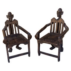 Vintage African Tribal Figural Carved Armchairs - Set of 2