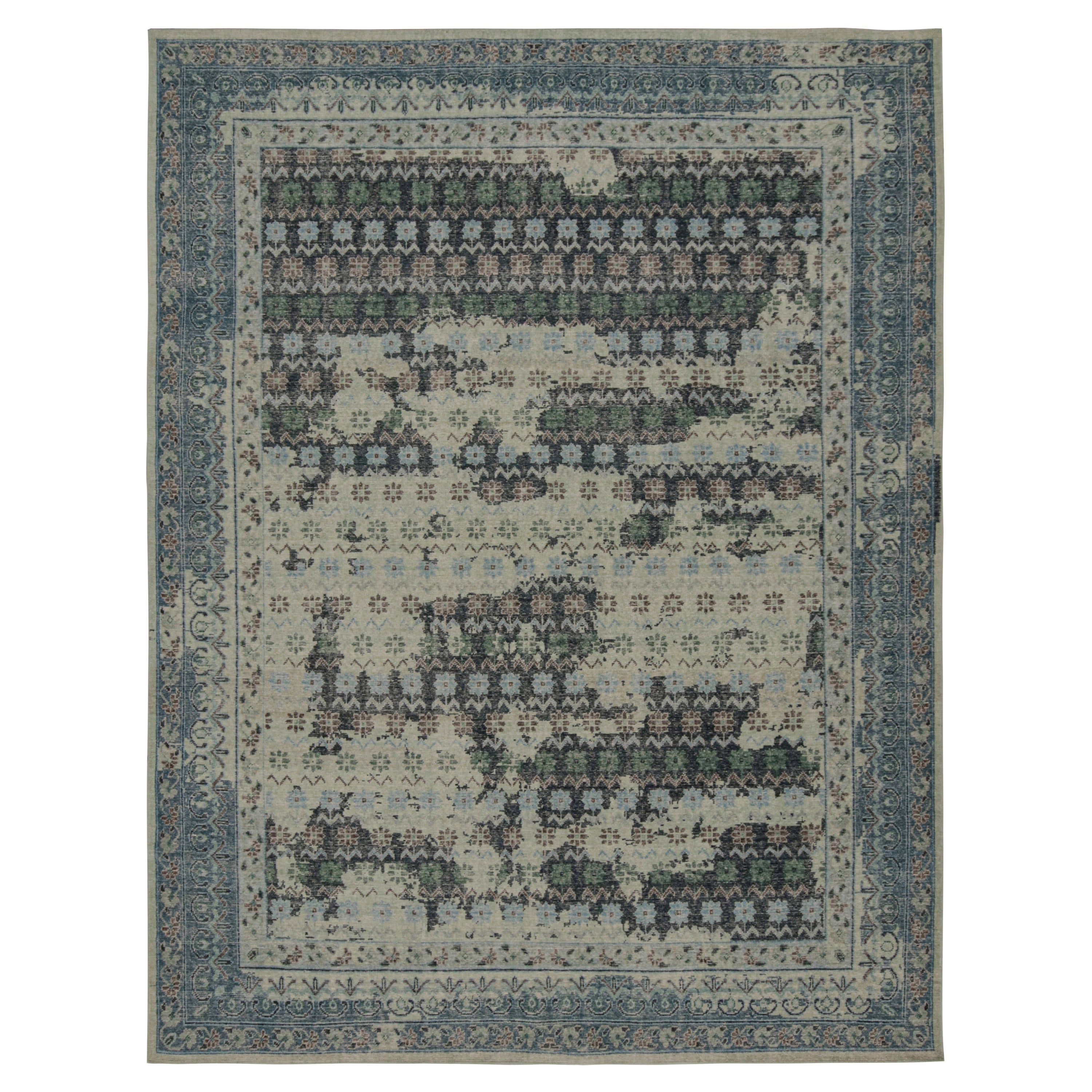 Rug & Kilim’s Distressed European Rug in Blue and teal with Floral Patterns For Sale