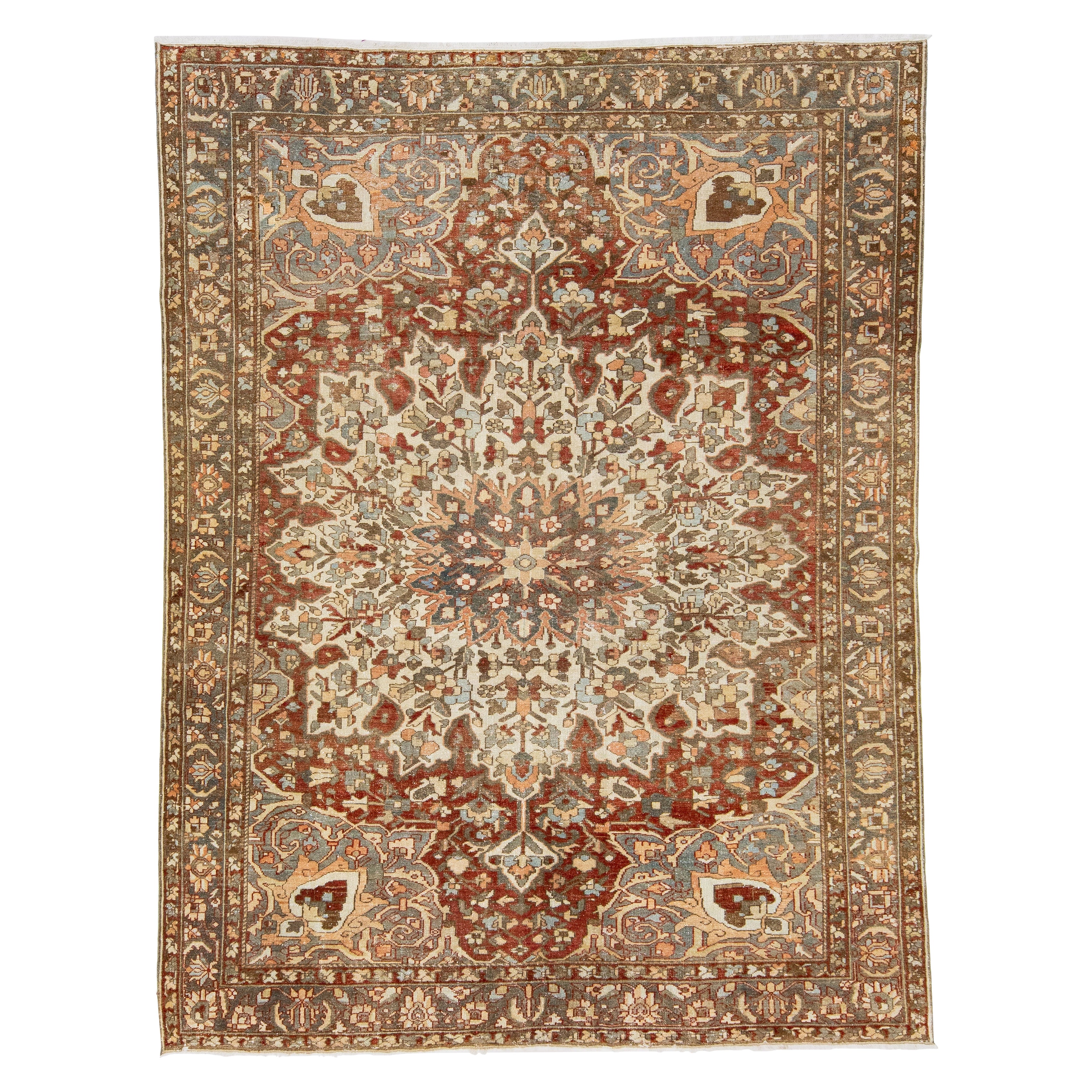 Rosette Designed Antique Persian Bakhtiari Red Wool Rug  For Sale