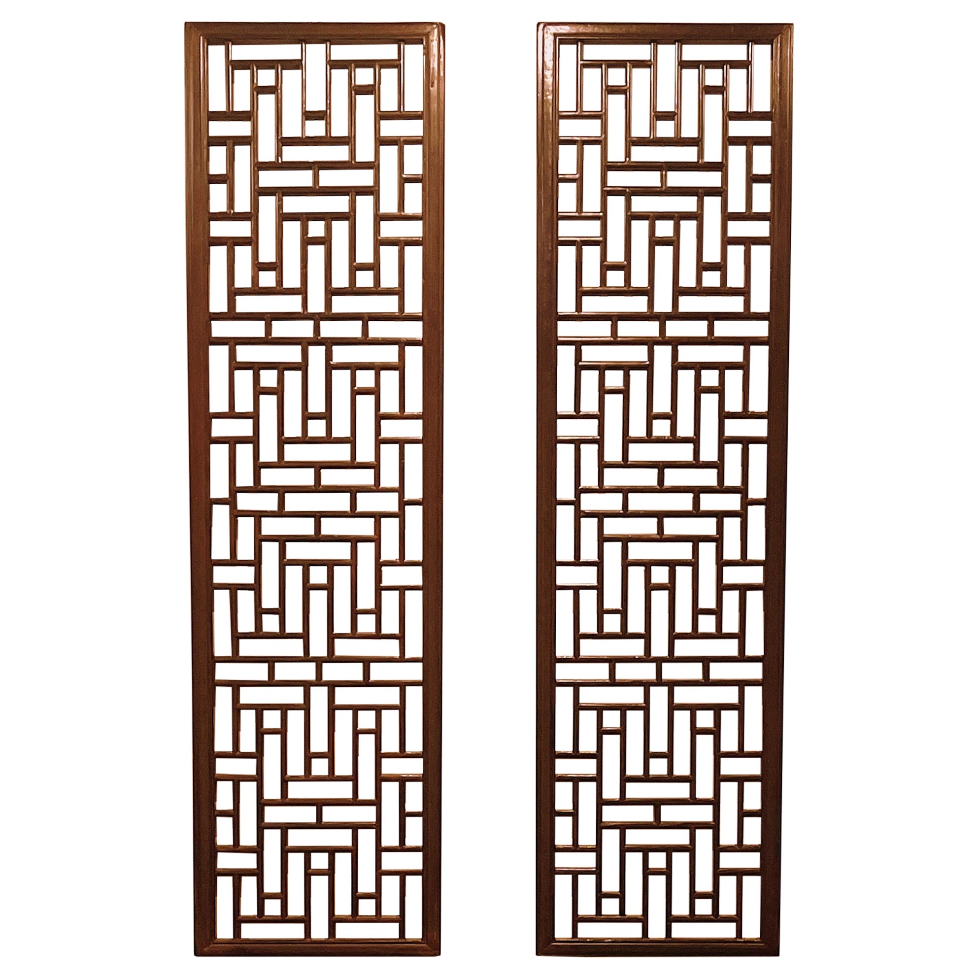 Pair of Asian Window Panels with Geometric Design For Sale
