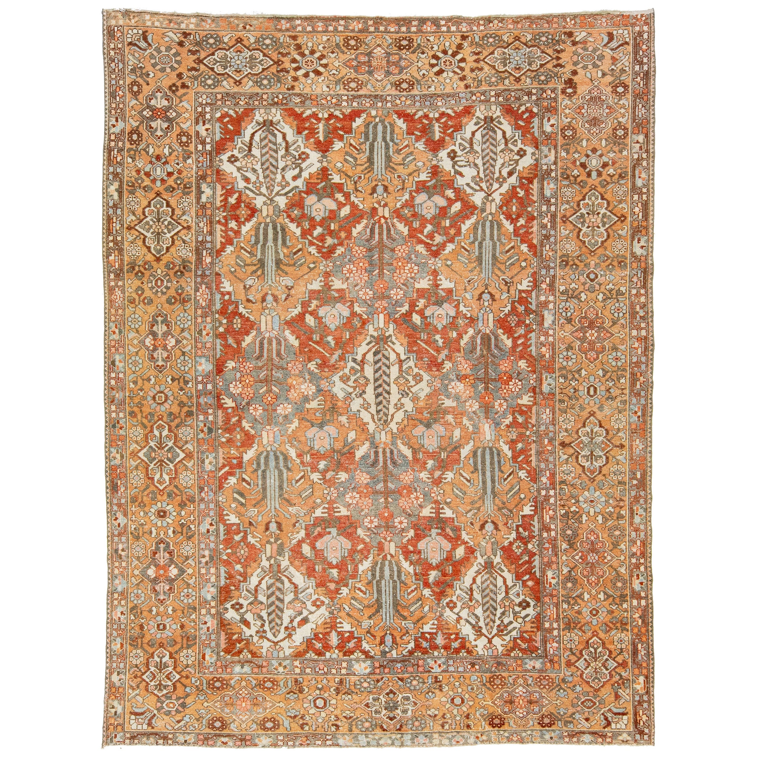 Handmade 1920s Persian Bakhtiari Wool Rug with Floral Motif In Orange  For Sale