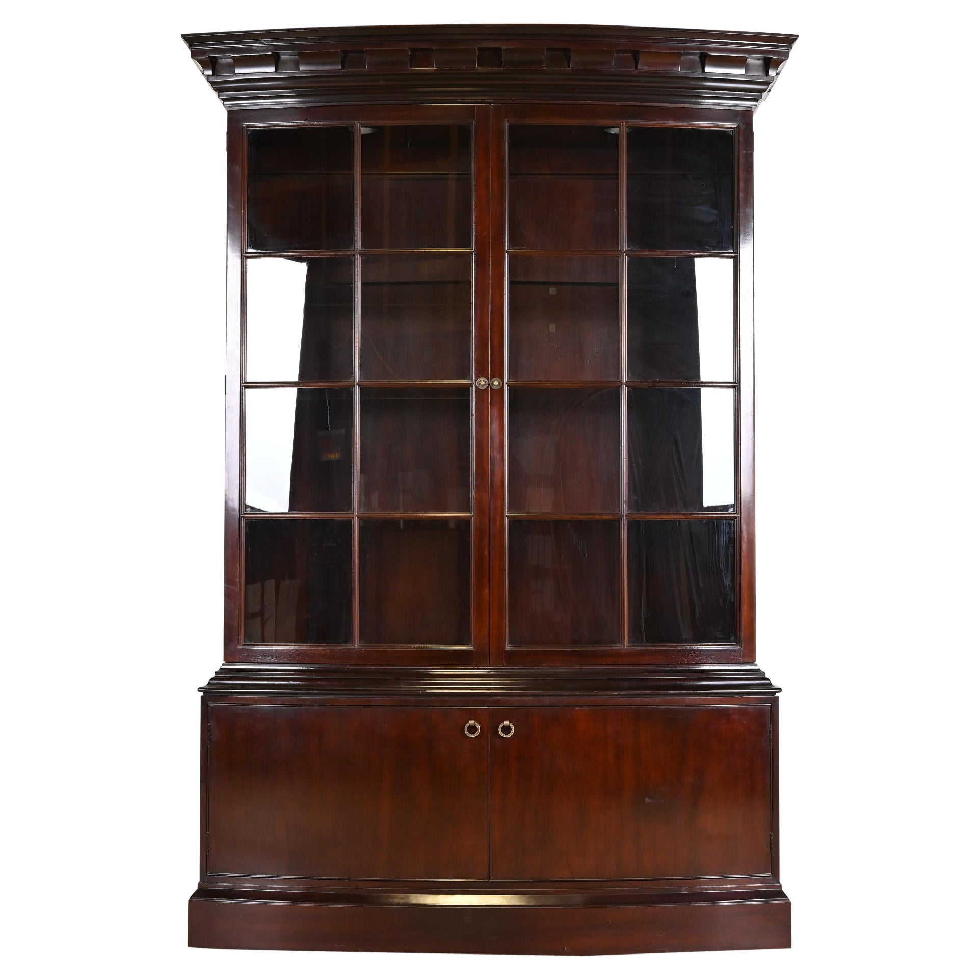 Baker Furniture Regency Carved Mahogany Lighted Breakfront Bookcase Cabinet