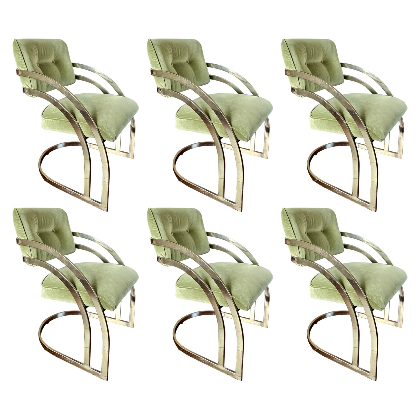A set of 6 green velvet gold waterfall cantilever brass plated dining chairs