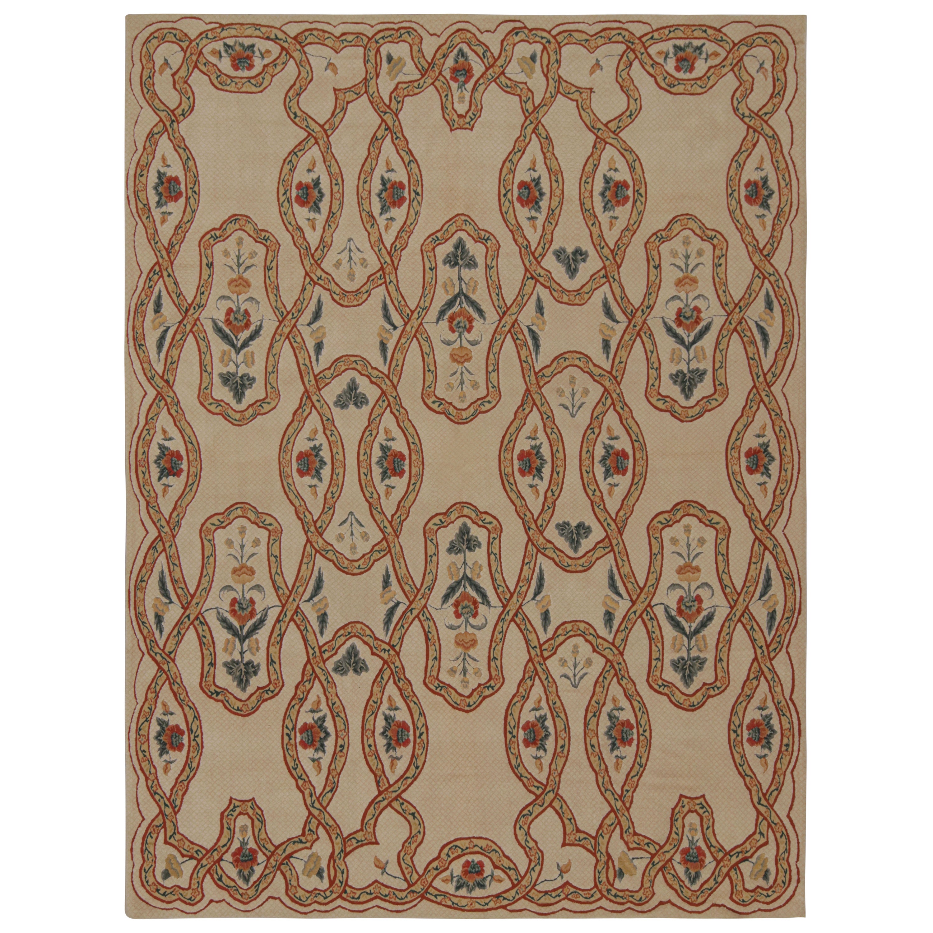 Rug & kilim’s European Rug in Beige, with Green and Red Floral Patterns For Sale