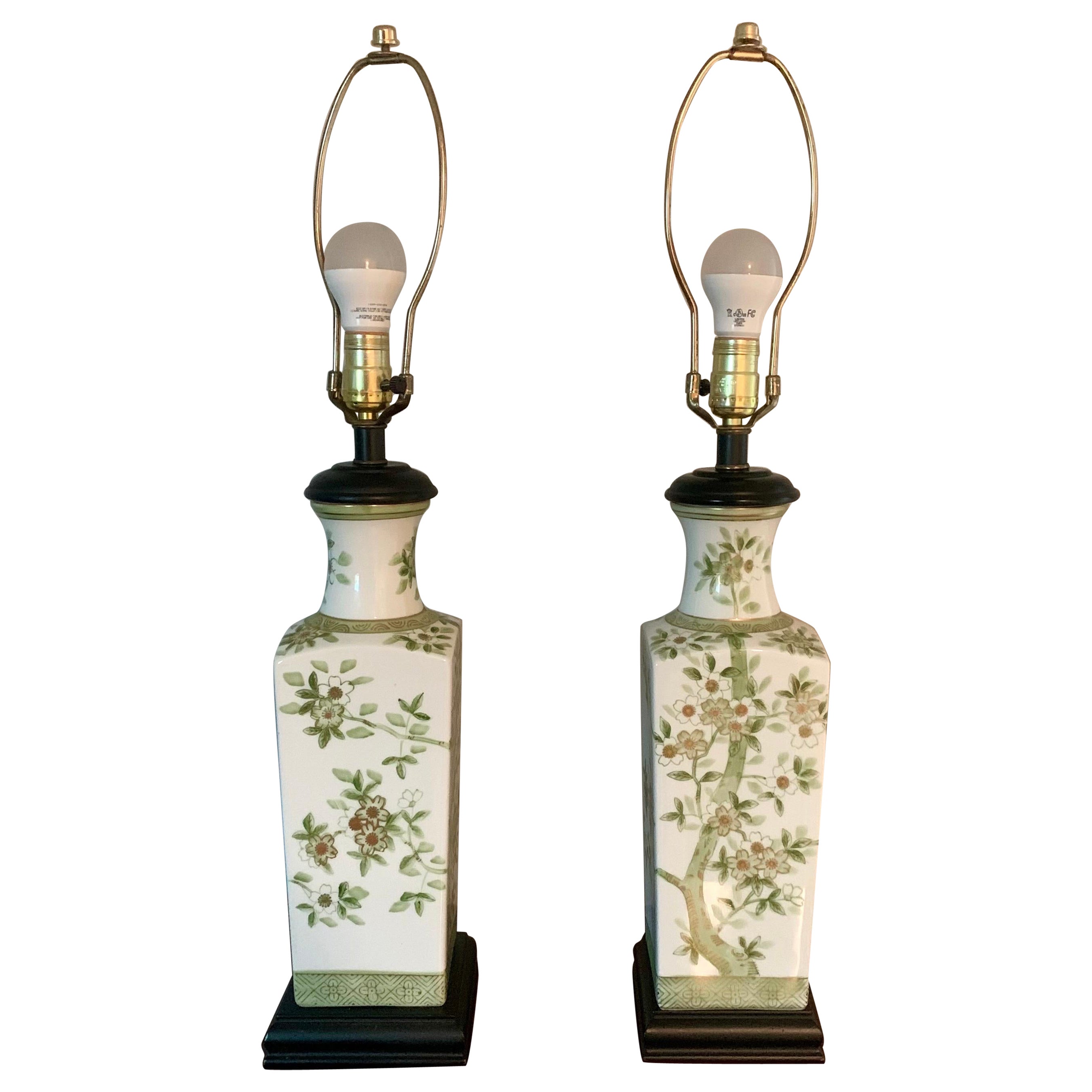 Pair of Japanese Hand Painted Porcelain Lamps