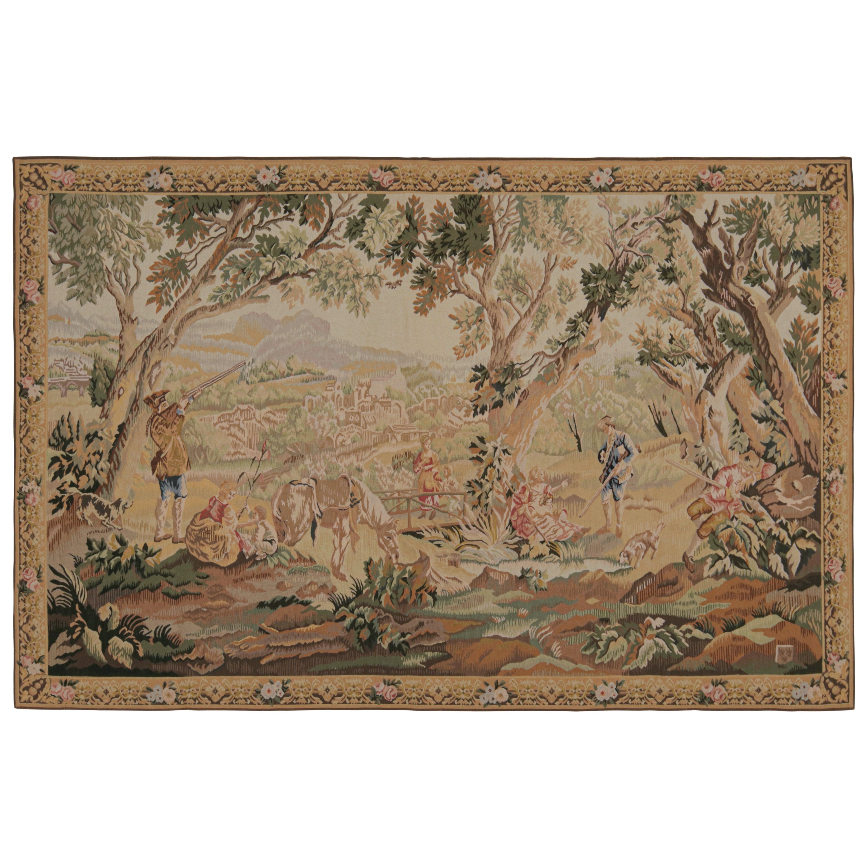 Rug & Kilim’s European Style Pictorial Tapestry in Beige-Brown, Green and Pink For Sale