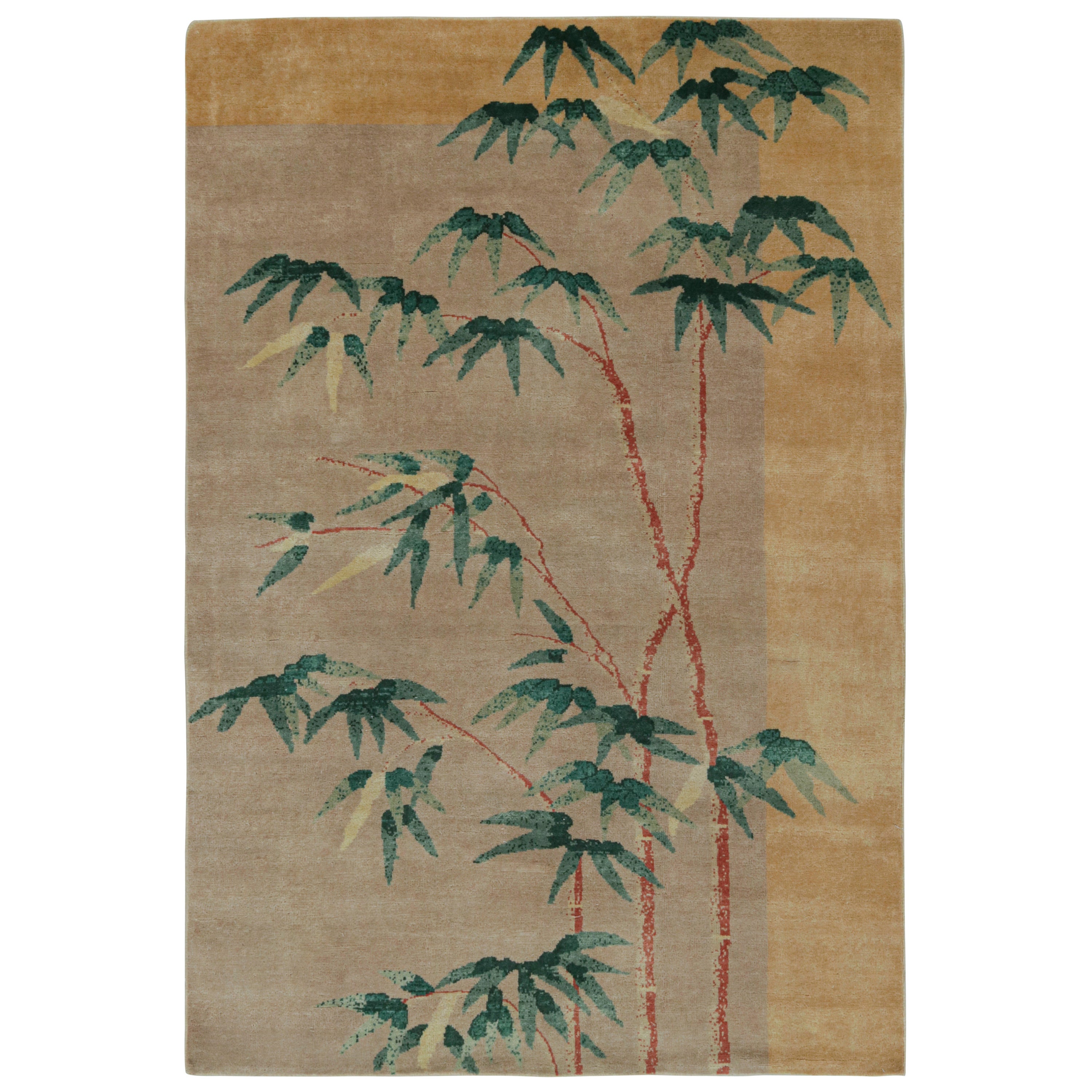 Rug & Kilim’s Chinese Art Deco Style Fragment Rug in Beige with Floral Patterns For Sale
