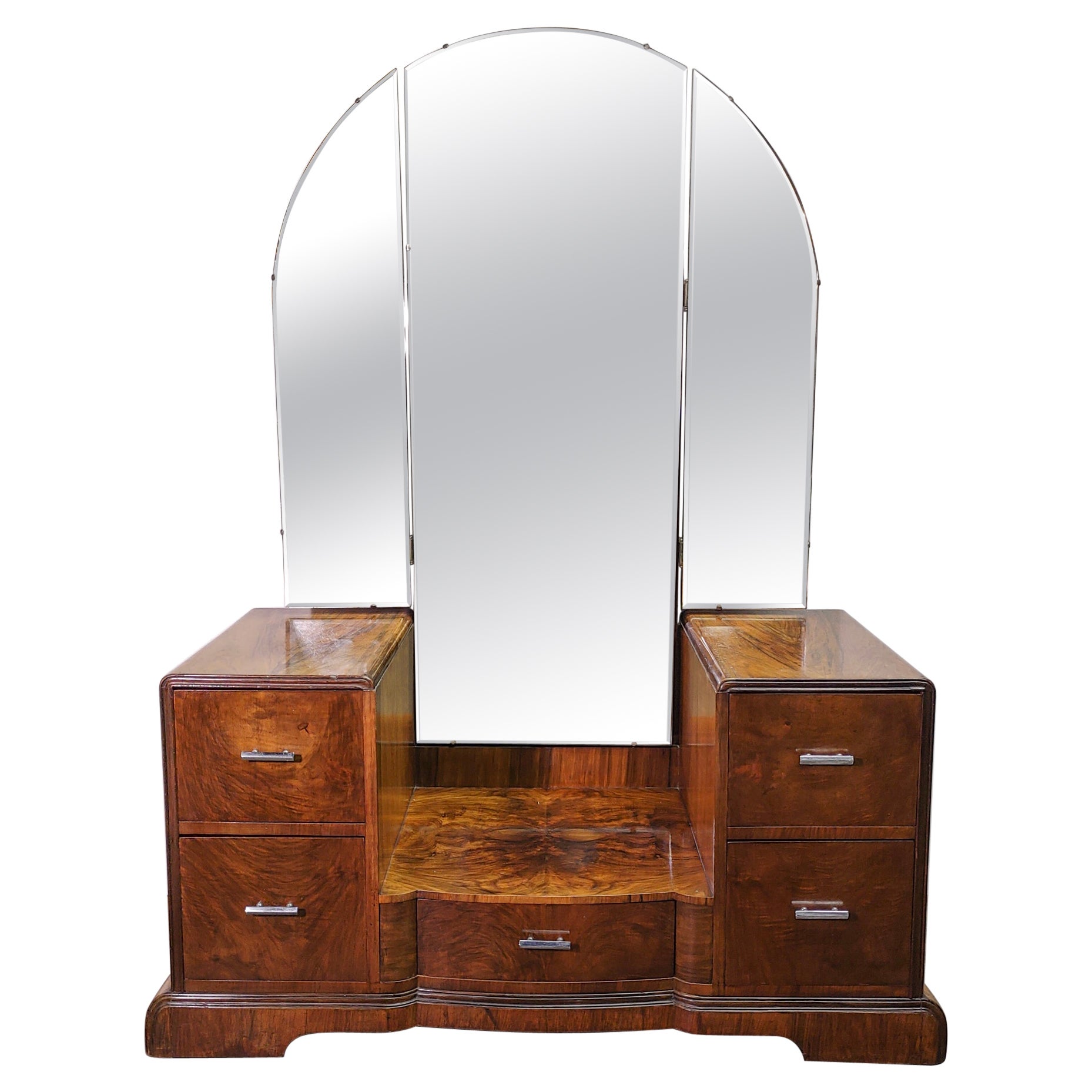 1940s Flame Walnut Art Deco Vanity with Tri-Fold Dressing Mirror For Sale