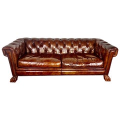 Vintage Chesterfield Style Leather Tufted Sofa w/ Carved Paw Feet
