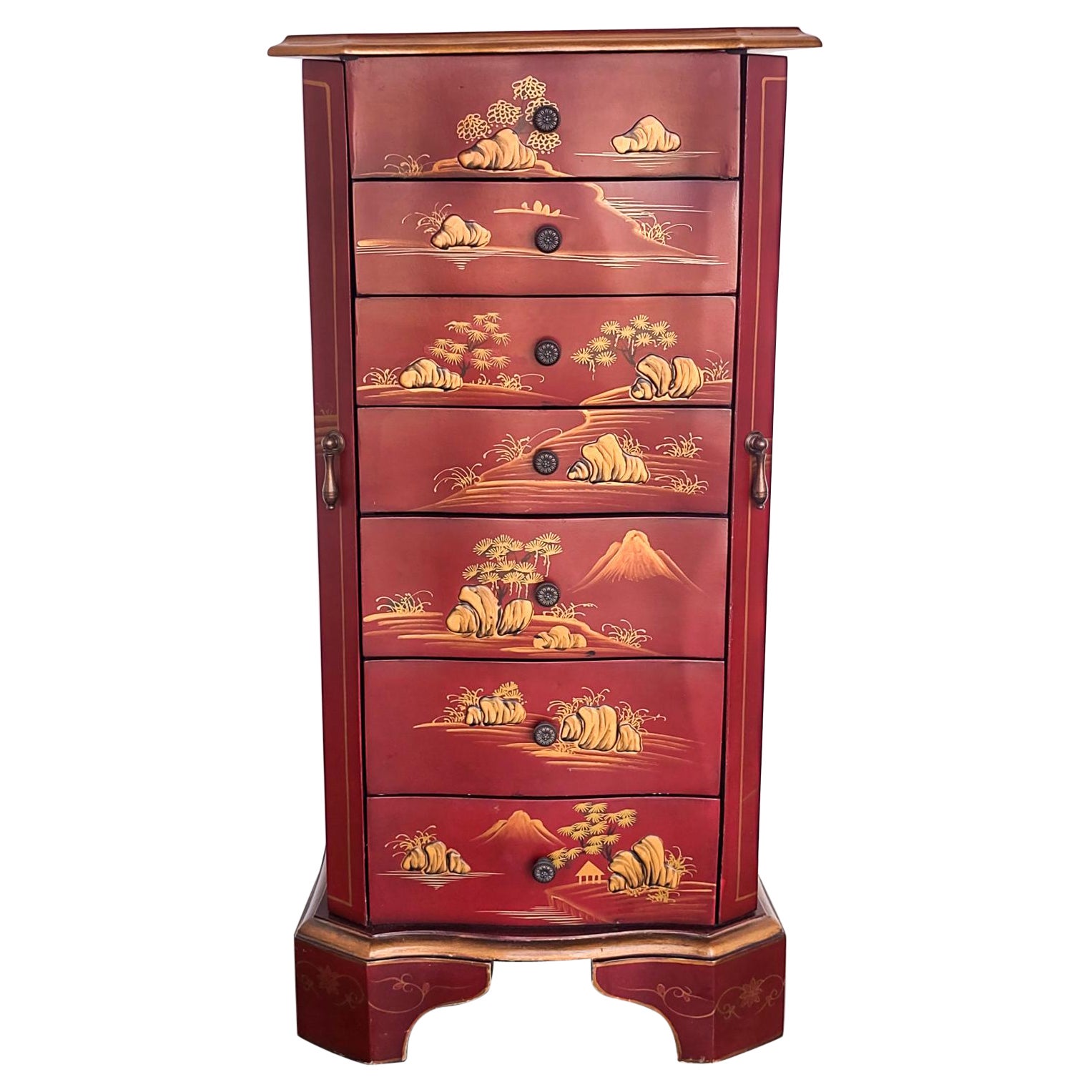 Painted Red Wood Chinese Jewelry Chest of Drawers Storage