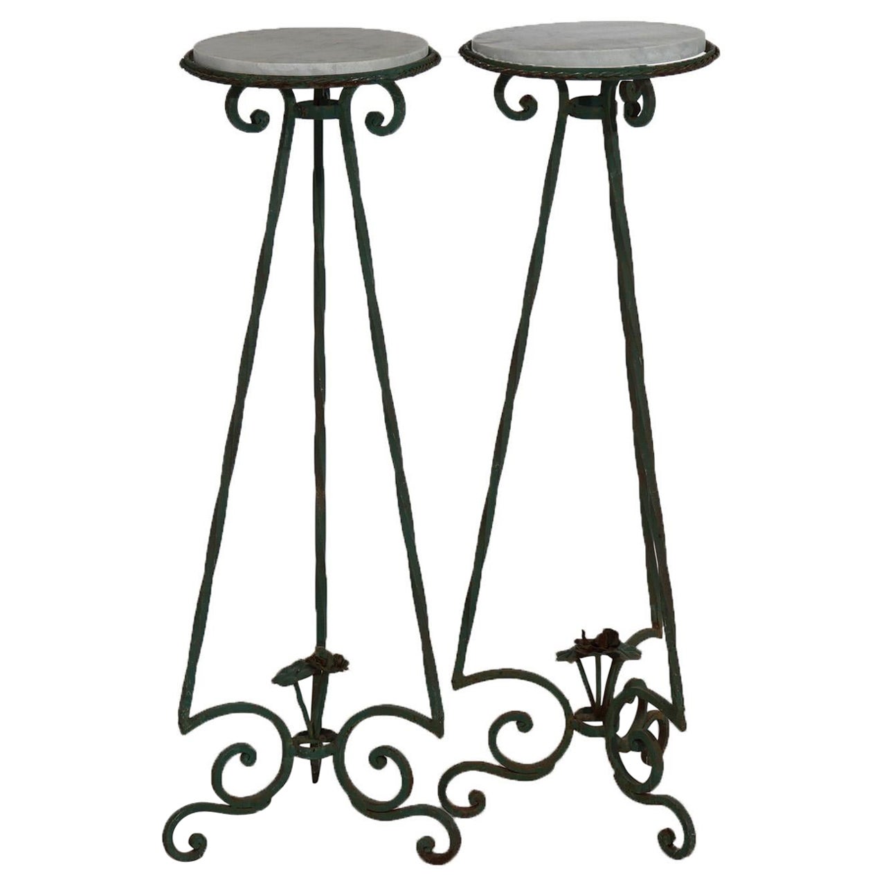 Antique Arts & Crafts Oscar Bach Style Wrought Iron & Marble Plant Stands C1920 For Sale