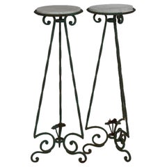 Antique Arts & Crafts Oscar Bach Style Wrought Iron & Marble Plant Stands C1920