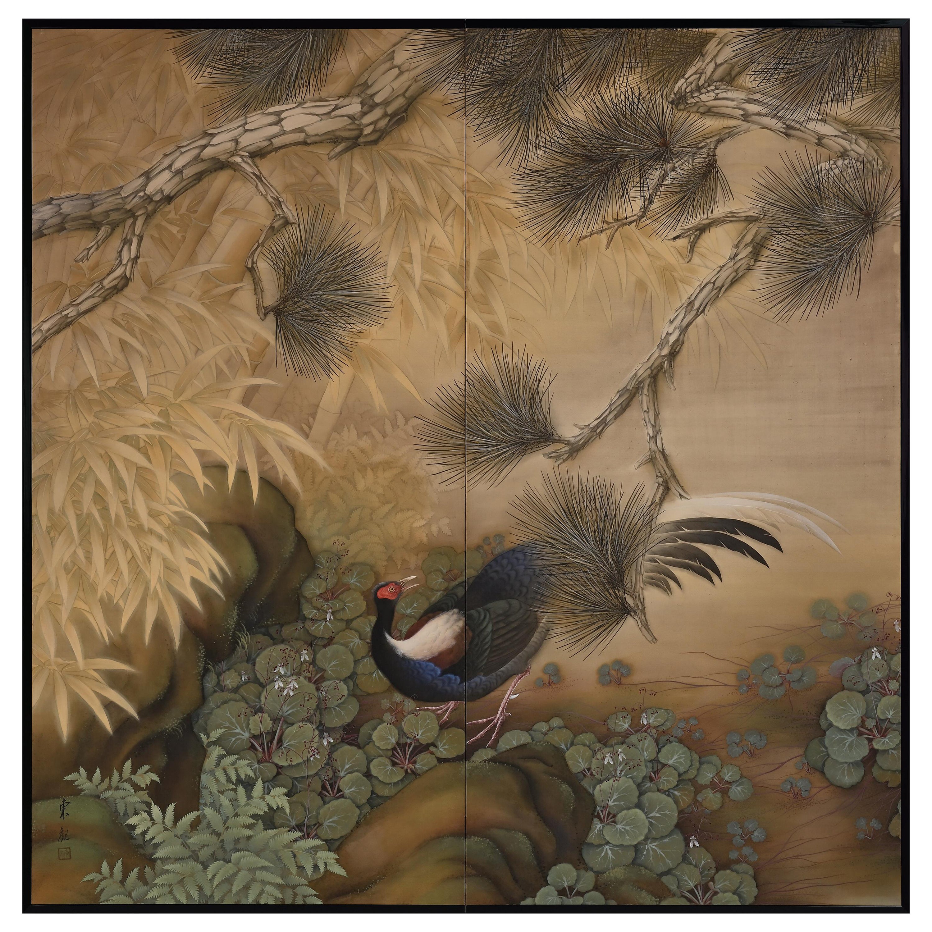 Japanese Screen. Taisho era Circa 1920. Pheasant in Deep Forest. Color on Silk.
