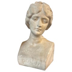 1900s Art Nouveau Plaster Italian Woman Bust named Poesia