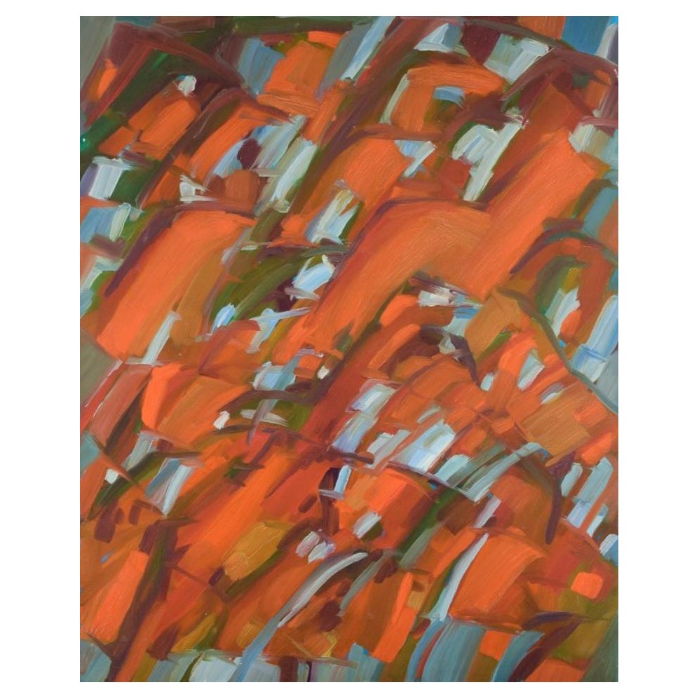 Monique Beucher.  Öl auf Leinwand. Abstrakte Komposition in Orange.