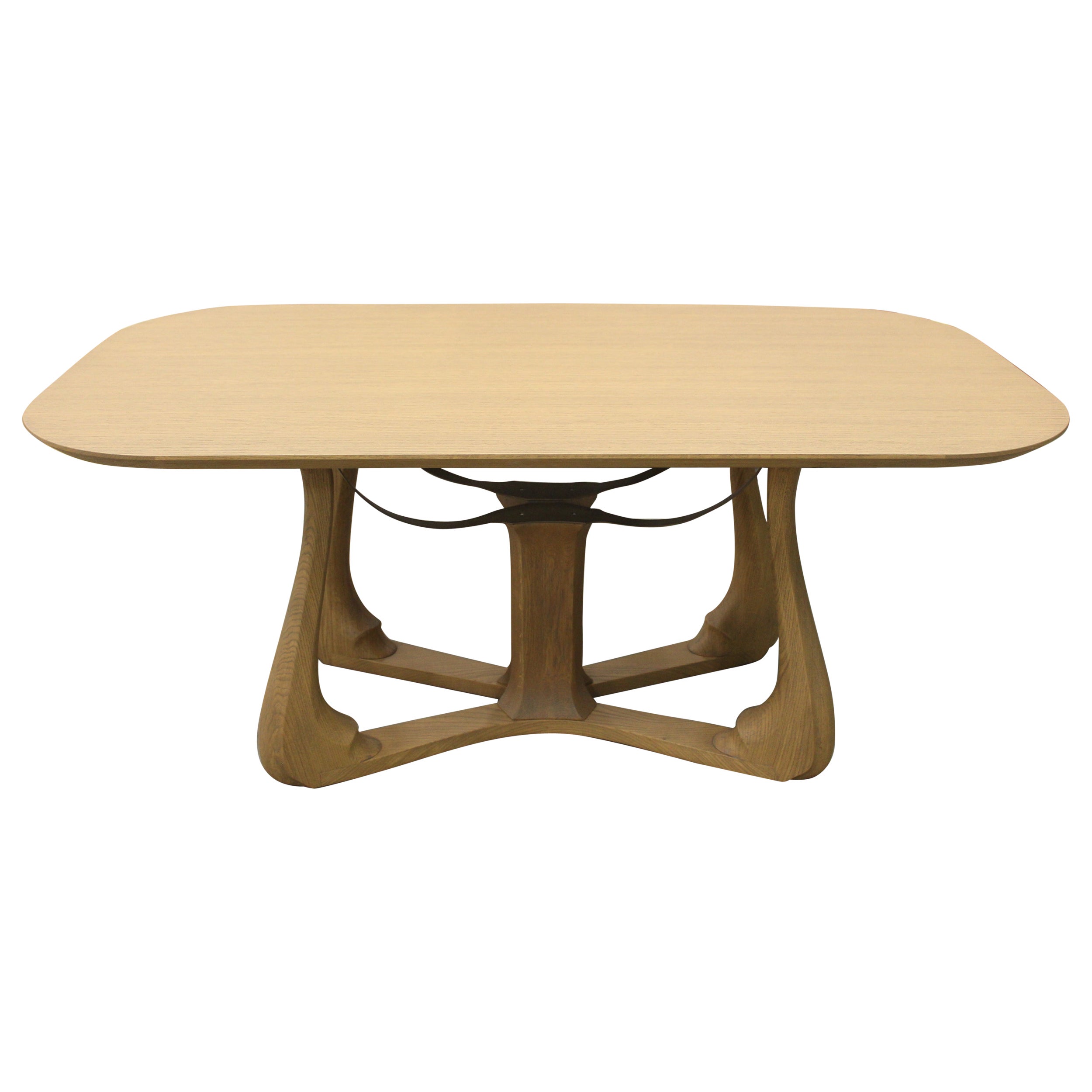 Arpa Oval Beige Dining Table in Solid Oak Wood With Carved Base - Metal Inserts For Sale