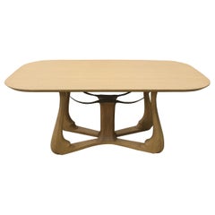 Arpa Oval Beige Dining Table in Solid Oak Wood With Carved Base - Metal Inserts