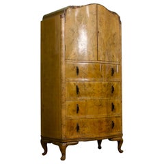 Vintage Art Deco Burr Walnut Tallboy / Linen Cabinet Press, 1930's