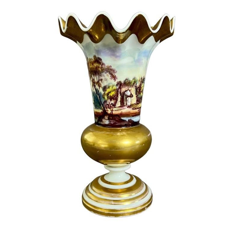 Raro jarrón de porcelana de Samuel Alcock, borde ondulado, paisaje fino continuo, ca. 1826