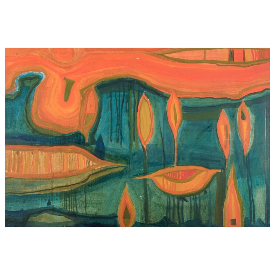 Monique Beucher. Oil on canvas. Abstract composition in orange and green For Sale