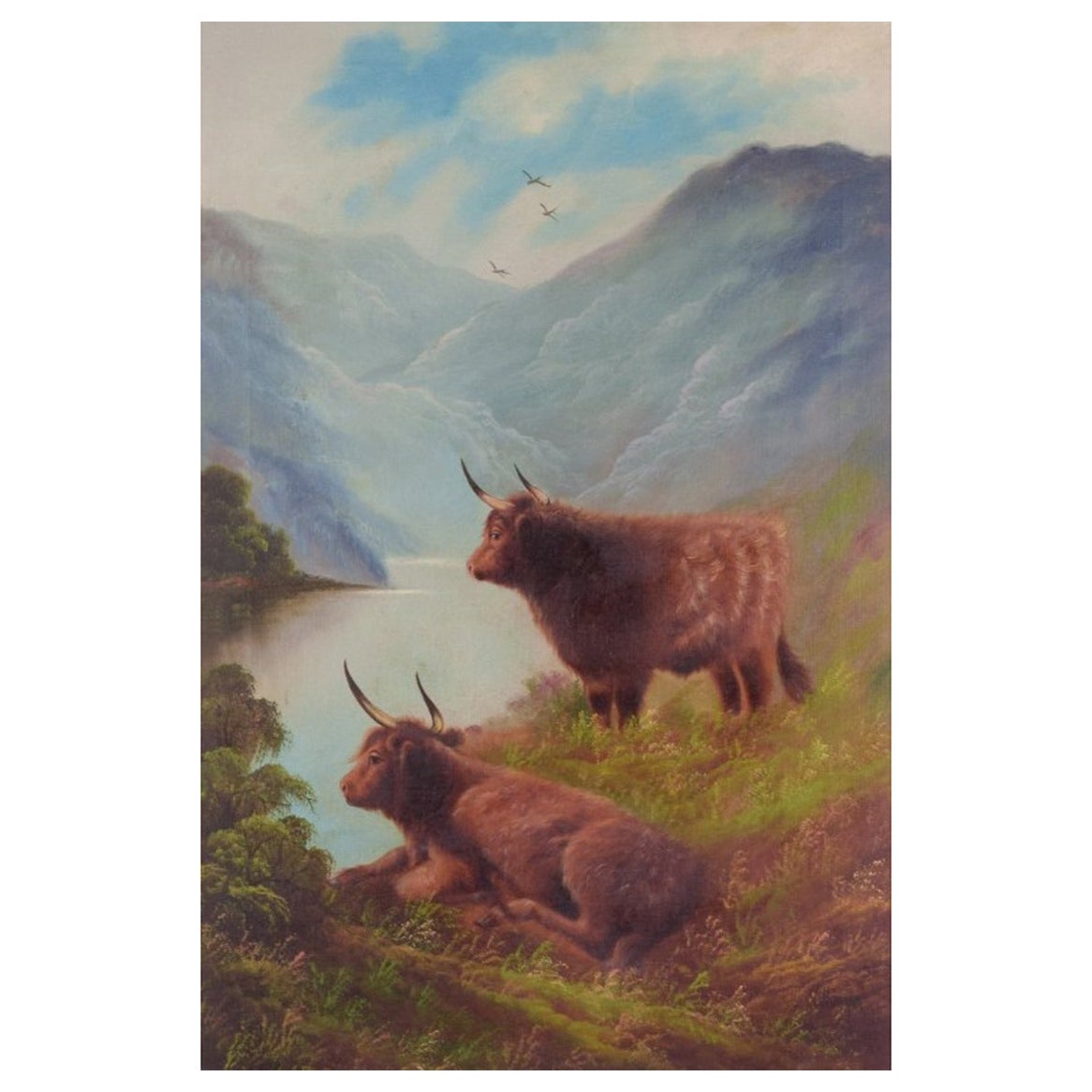 British artist, oil on canvas. Scottish Highland cattle in landscape.