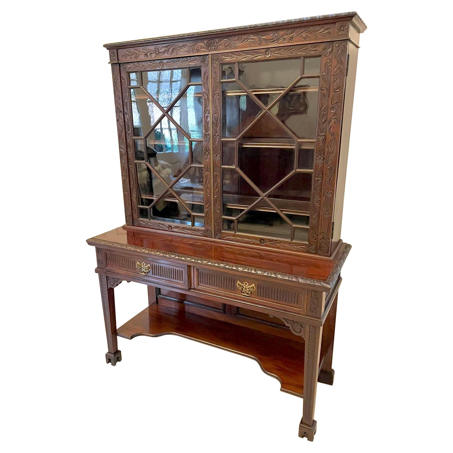 Antique Victorian Quality Carved Mahogany Display Cabinet by James Winter & Sons For Sale