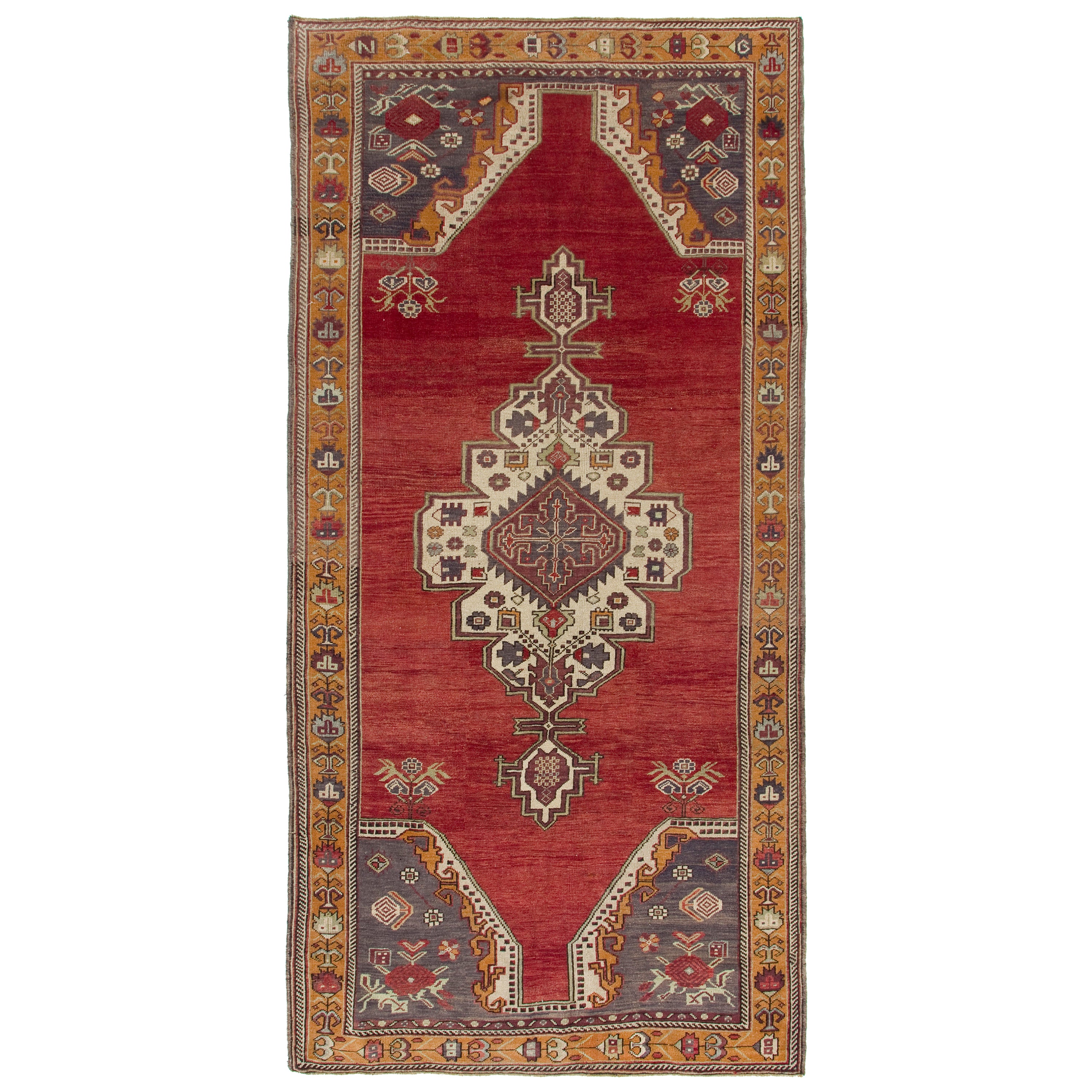 Handgefertigter türkischer Vintage-Teppich in Rot, Indigo und Marigold, 6x12 m, Unikat im Angebot