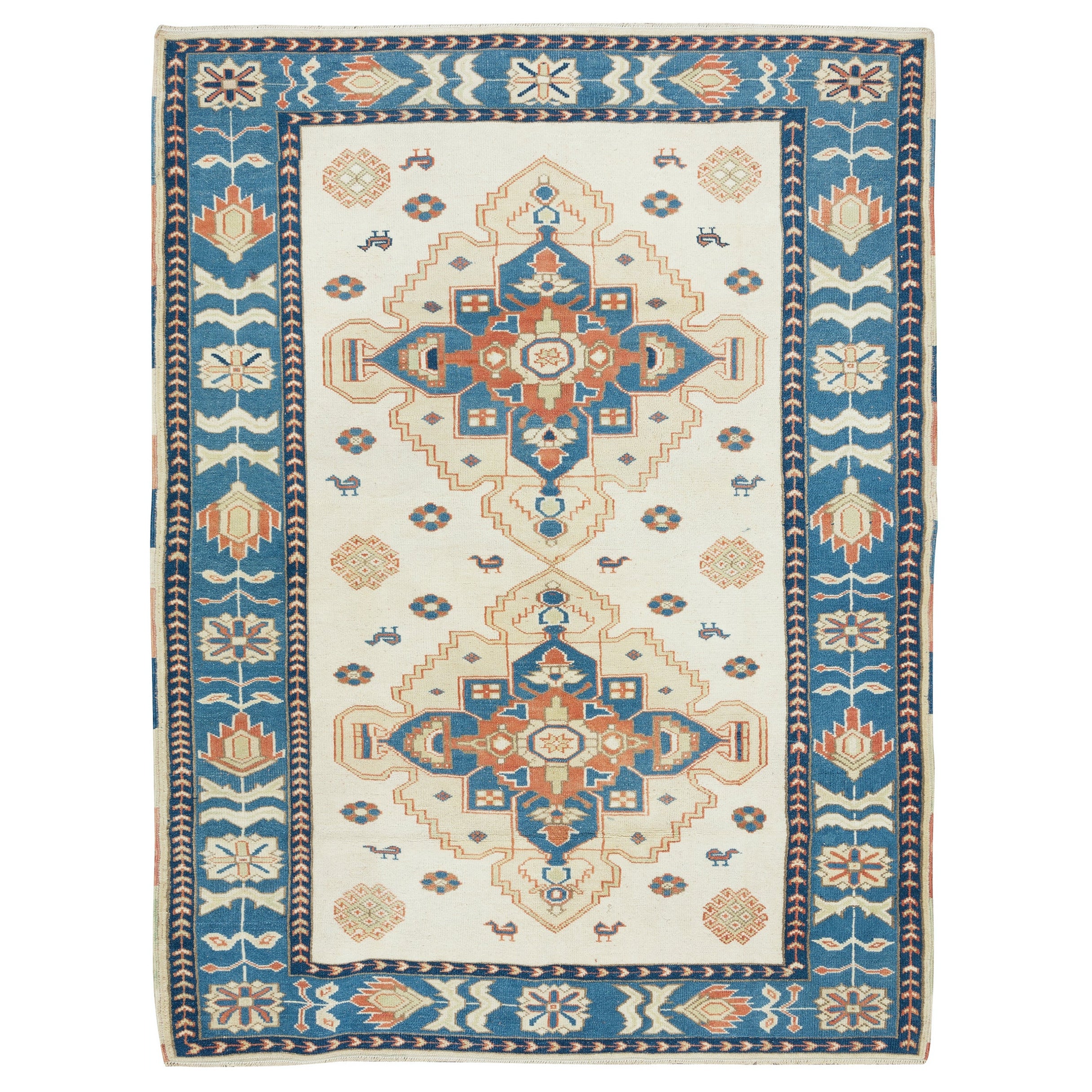 4.6x6.3 Ft Vintage Turkish Wool Rug, Handmade Geometric Carpet in Beige and Blue (tapis géométrique fait main en beige et bleu)