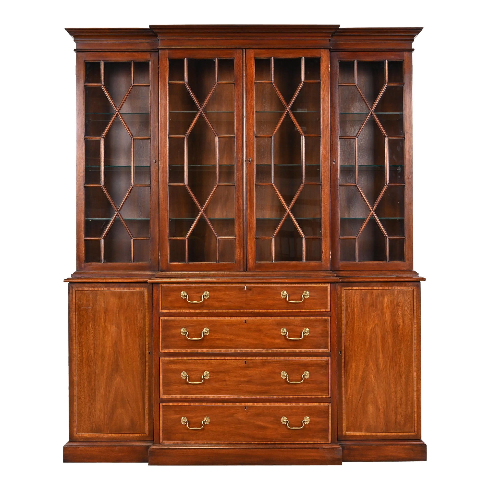 Henkel Harris Georgian Carved Mahogany Lighted Breakfront Bookcase Cabinet For Sale