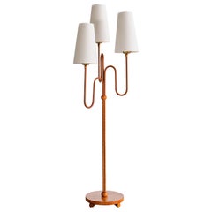 Used Sculptural Swedish Modern Three Arm Floor Lamp in Elm and Silk,  1930s