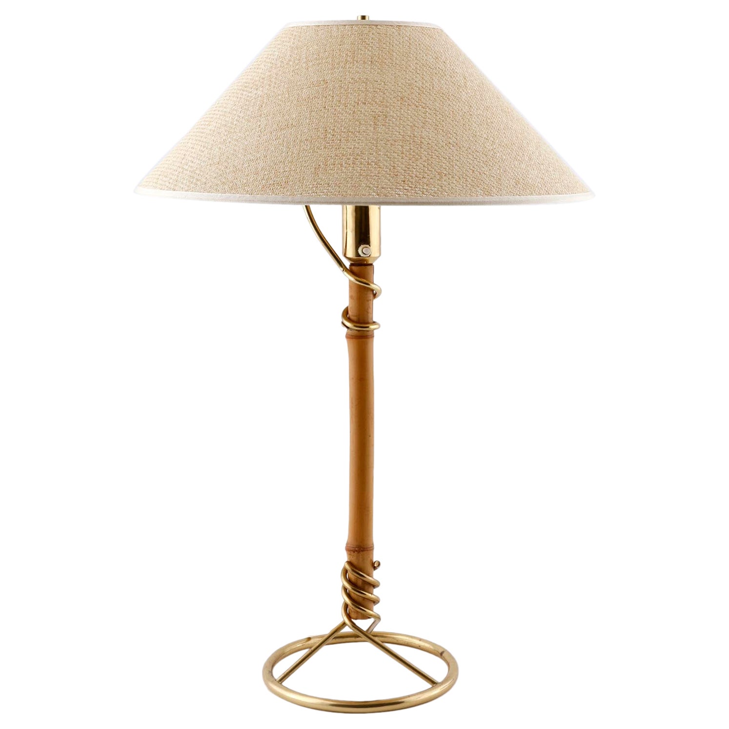 Large Table Lamp, Brass Bamboo Cane Wicker Shade, attr. J.T. Kalmar, 1950s For Sale