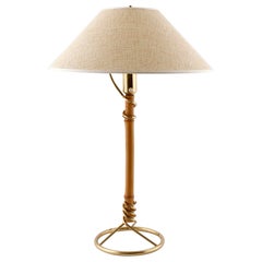 Large Table Lamp, Brass Bamboo Cane Wicker Shade, attr. J.T. Kalmar, 1950s