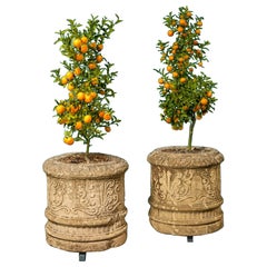 Used Two Large Reclaimed Carved Limestone Planters