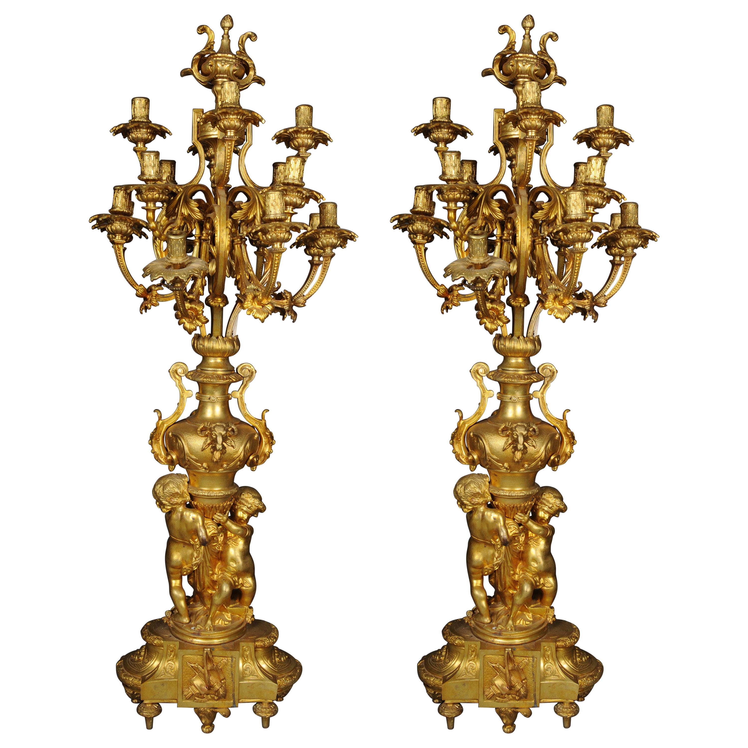 Pair (2) monumental royal candlesticks, gilded bronze, Louis XVI