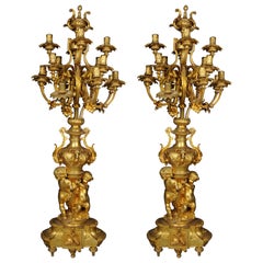 Vintage Pair (2) monumental royal candlesticks, gilded bronze, Louis XVI