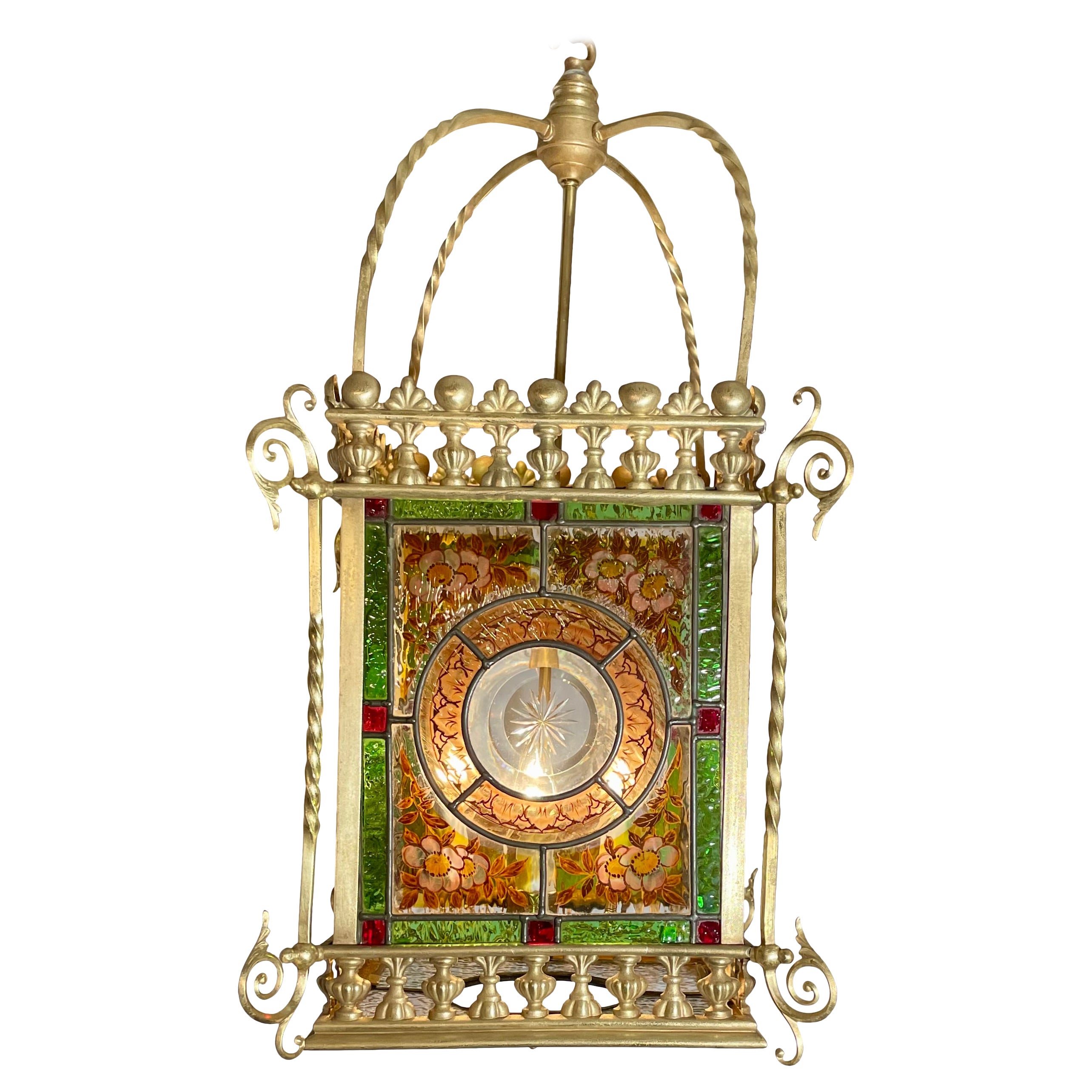 Antique English Stained Glass and Brass Hall Lantern, Circa 1900. For Sale