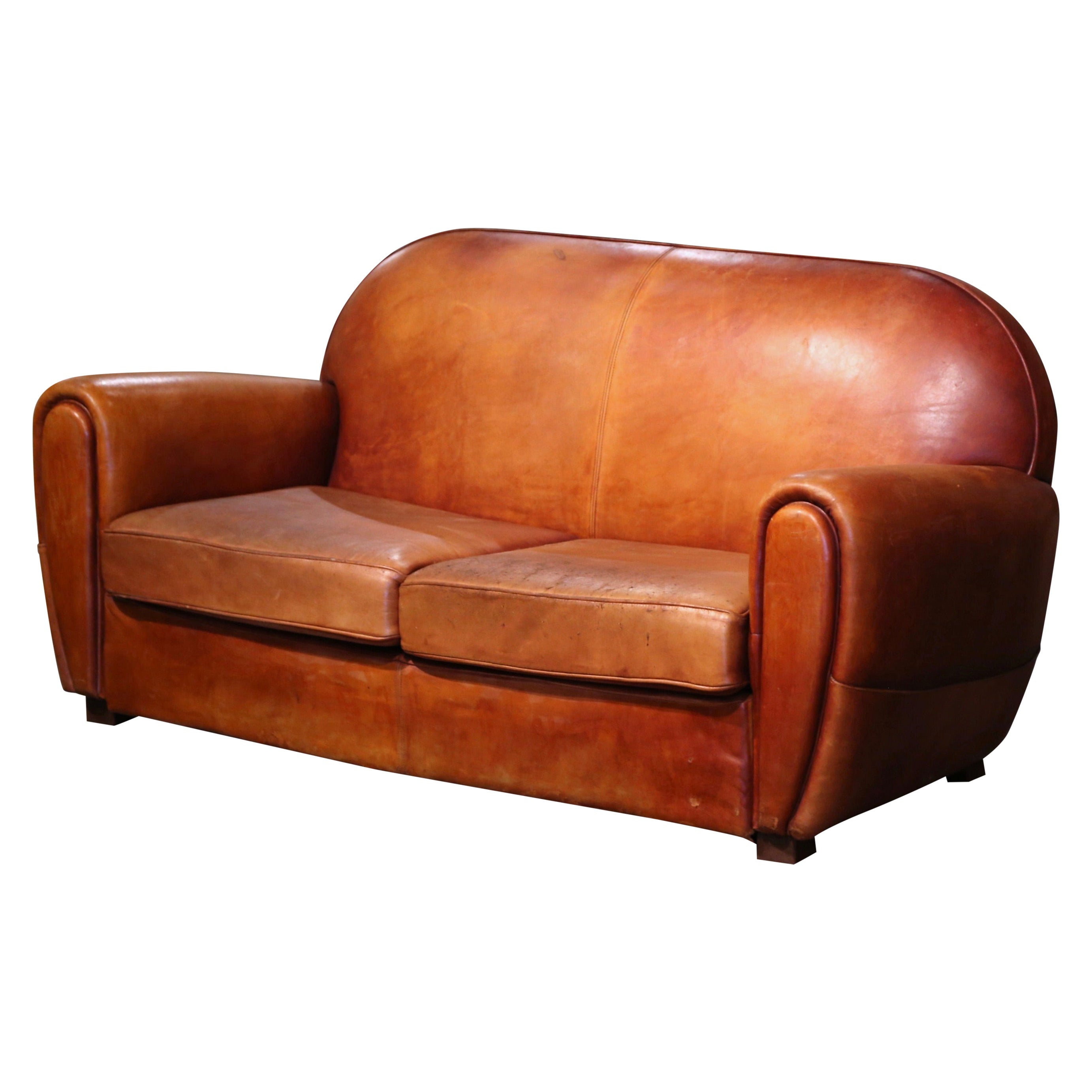 Frühes 20. Jahrhundert Französisch Art-Deco Brown Leder Zwei-Sitz-Club-Sofa im Angebot