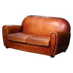 Vintage Early 20th Century French Art-Deco Brown Leather Two-Seat Club Sofa