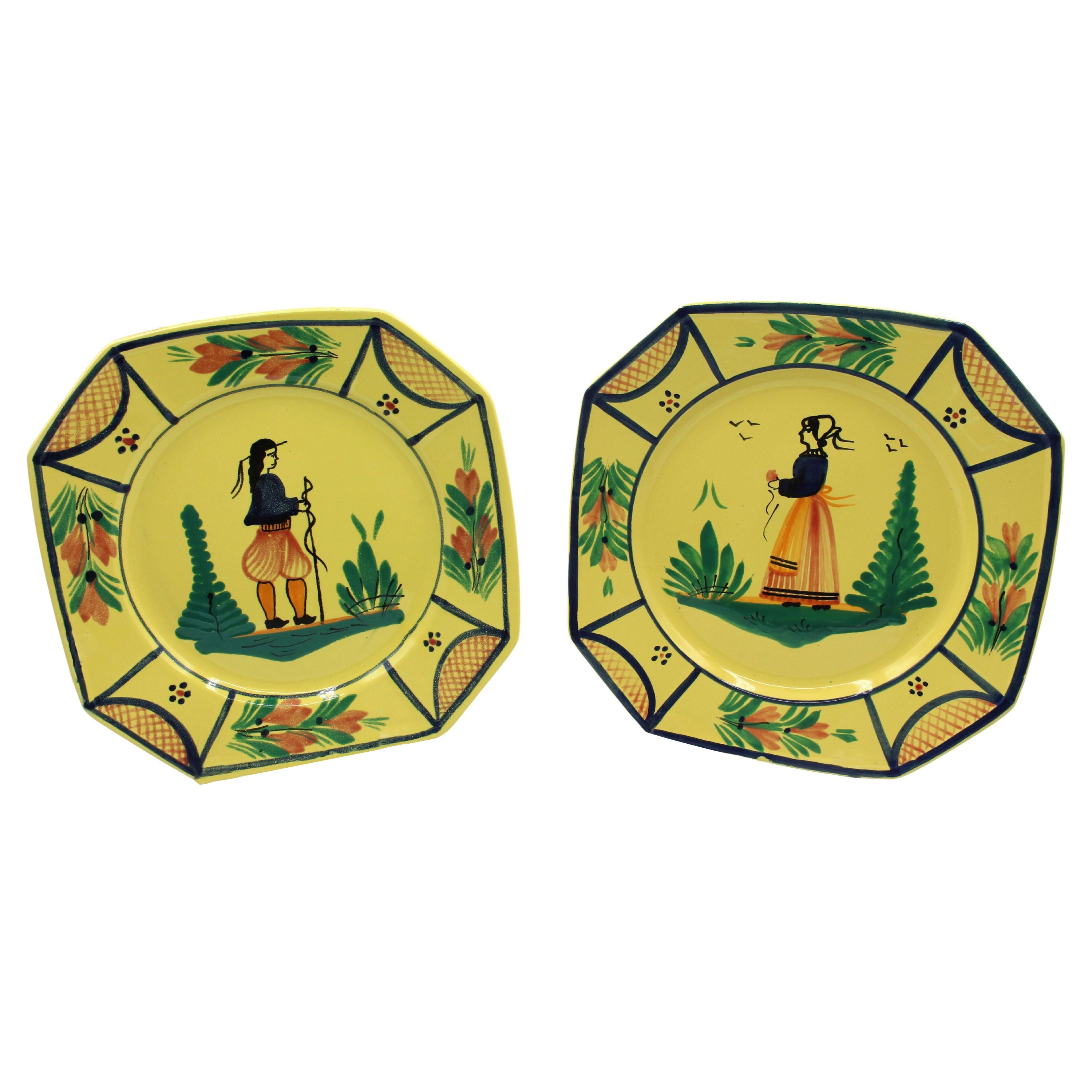 Assembled Pair of Large Yellow Ground Quimper Octagonal Plates, Late 20th Cent For Sale