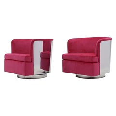 Pair Milo Baughman Tilt Swivel Chairs. Chrome Backs, Hot Pink Upholstery