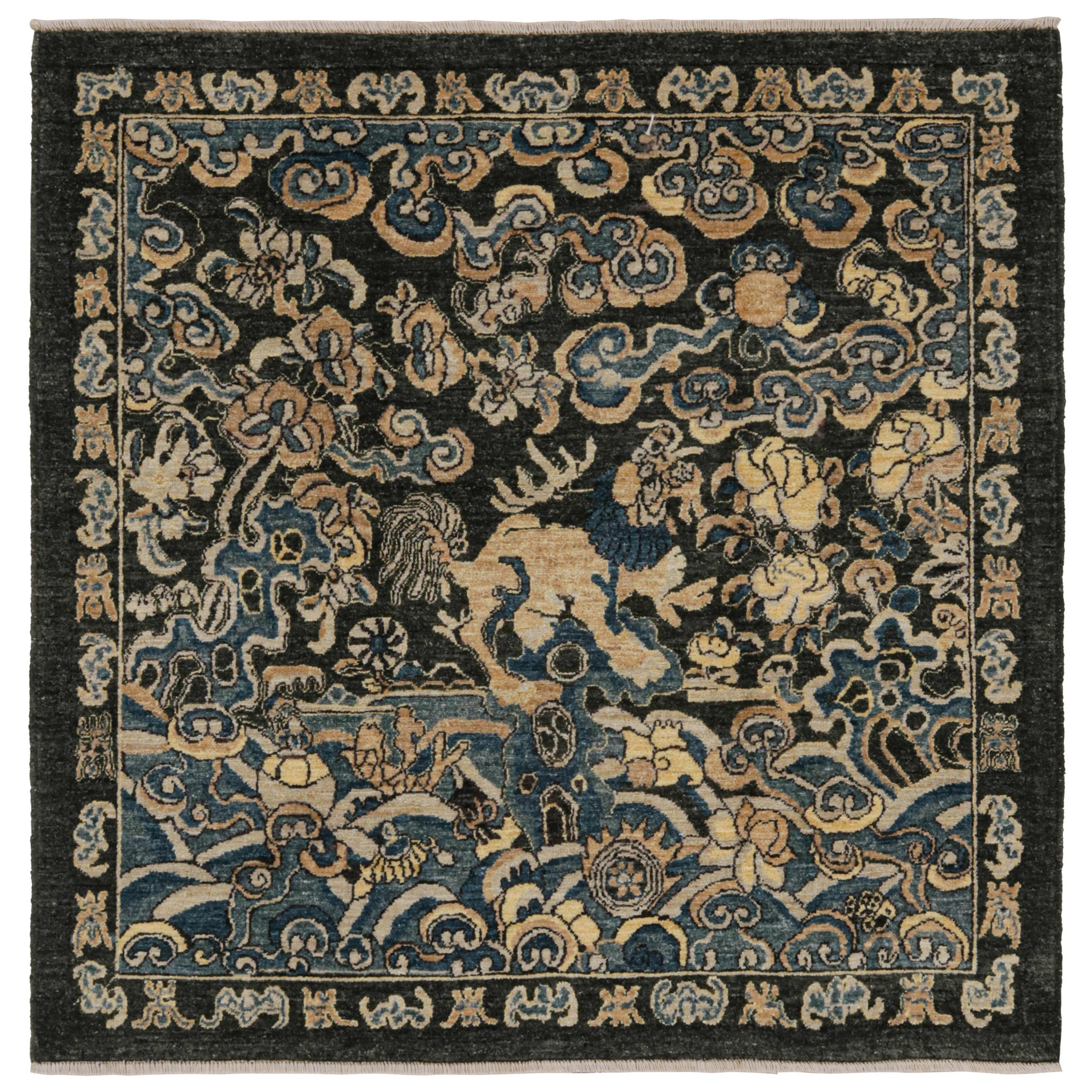 Rug & Kilim's Chinese Pictorial Square Rug in Dunkelgrau und Schwarz