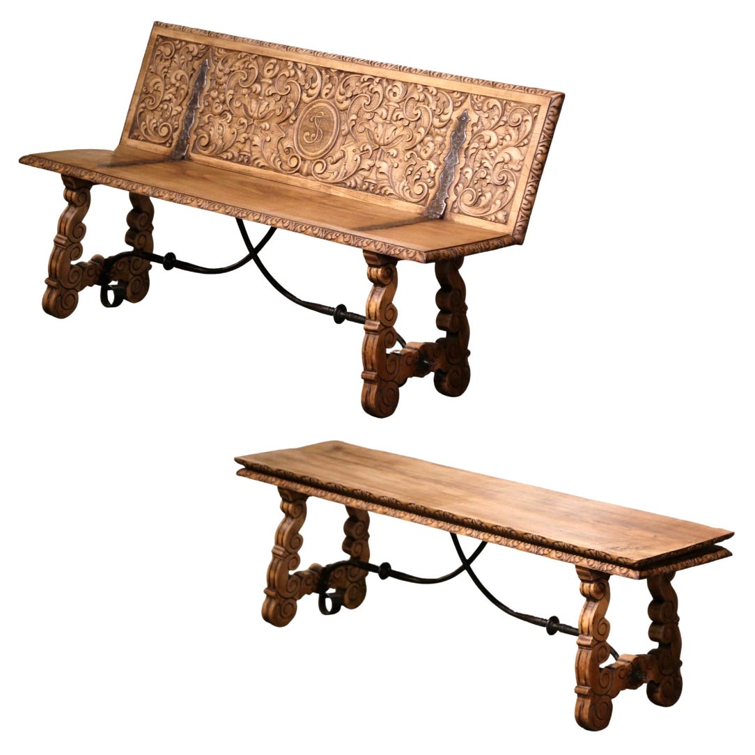 19th Century Spanish Renaissance Carved Bleached Chestnut and Iron Bench For Sale