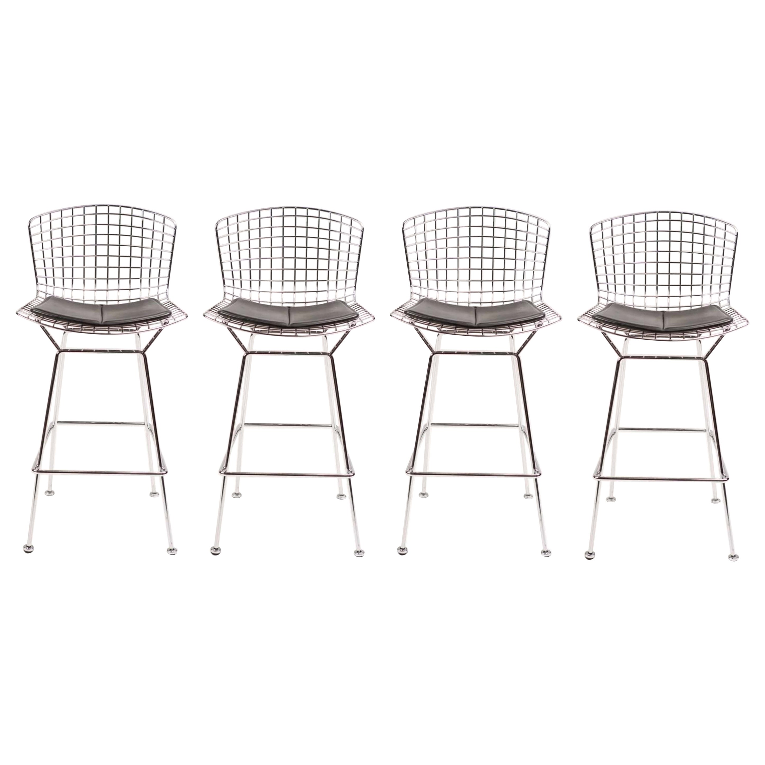 Set of Four Harry Bertoia for Knoll Barstool in Chrome & Black Leatherette For Sale