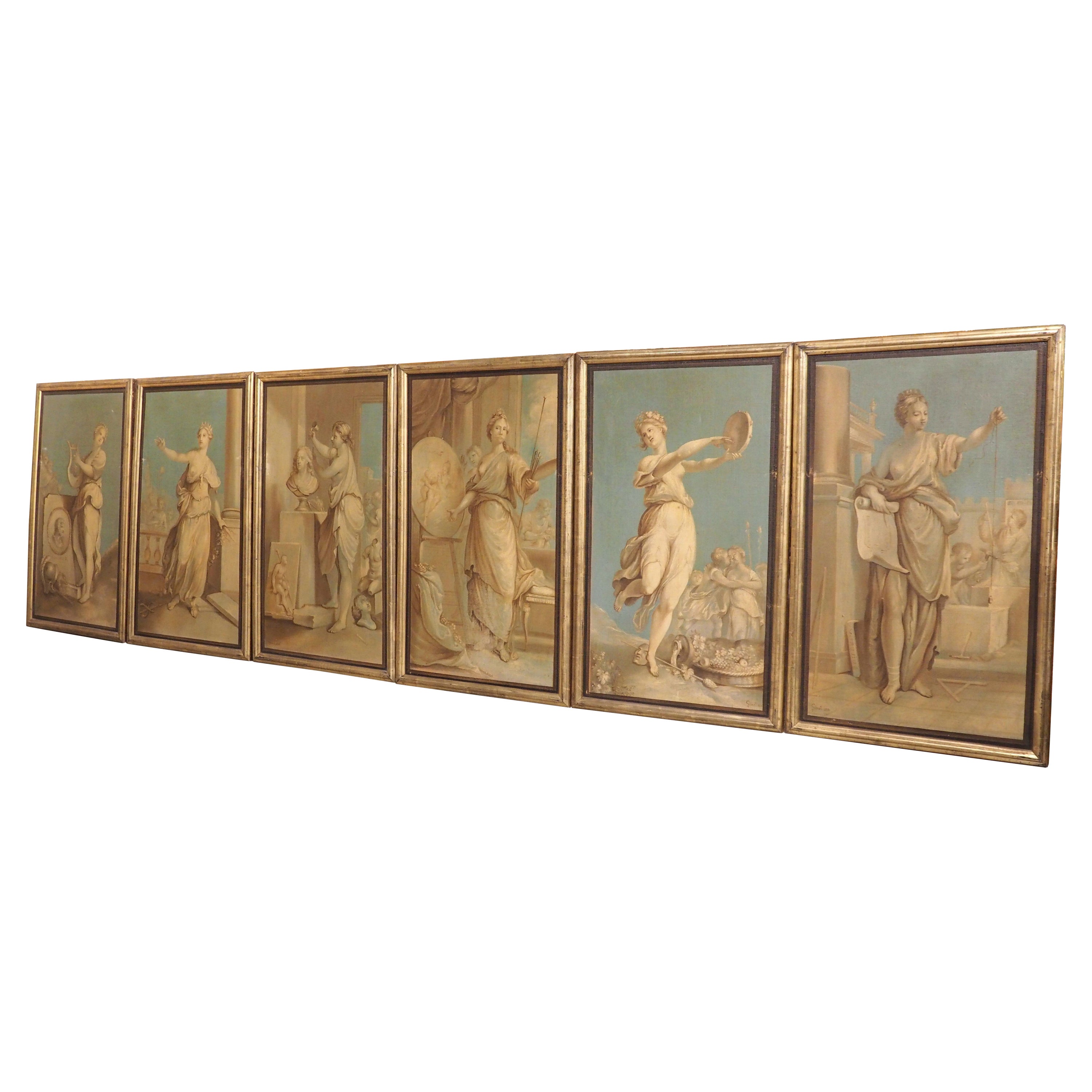 Ensemble de six peintures néoclassiques à l'huile sur toile, datées de 1830 en vente