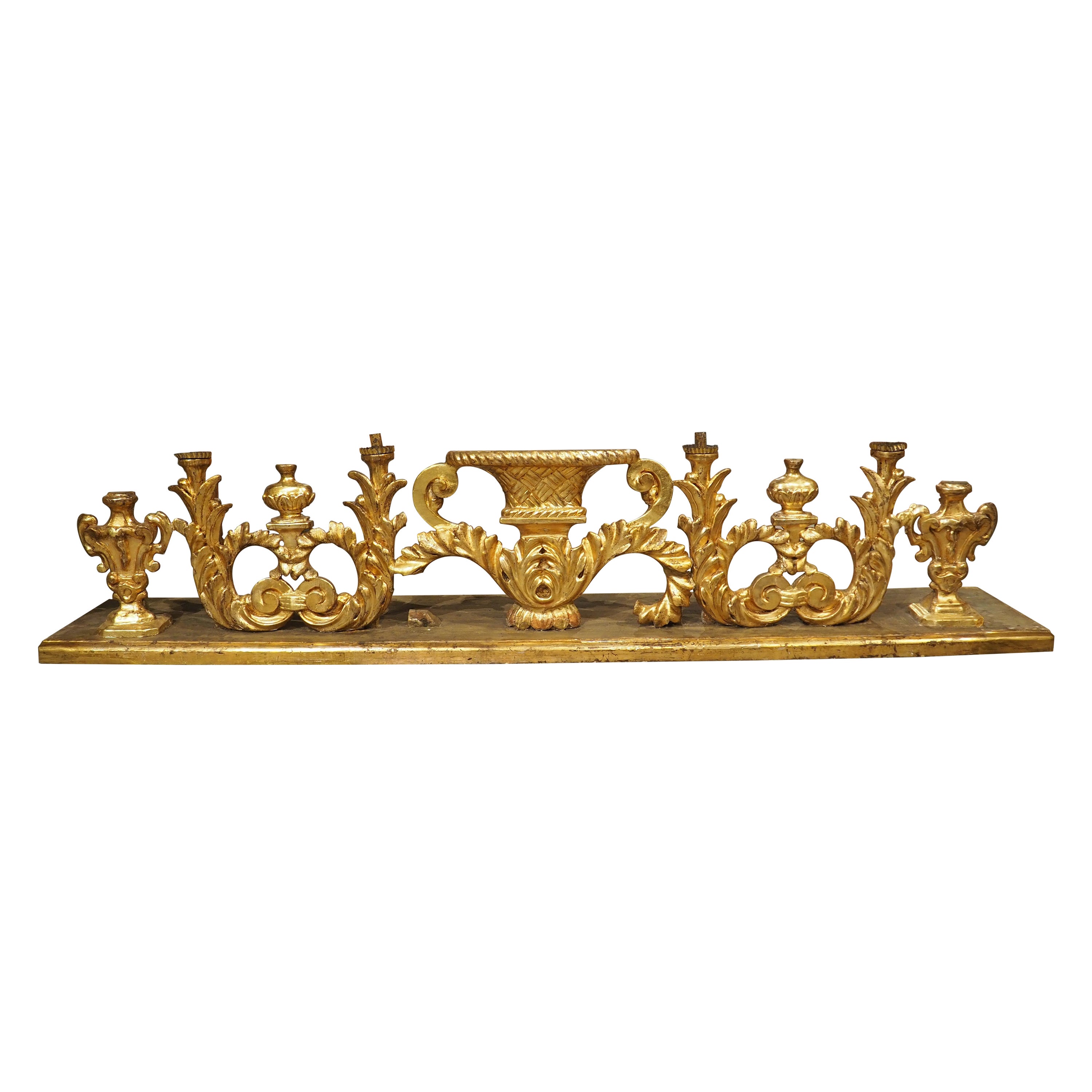 Circa 1750 Carved and Gilded Altar Candelabra from Tuscany, Italy 73 inches Long For Sale