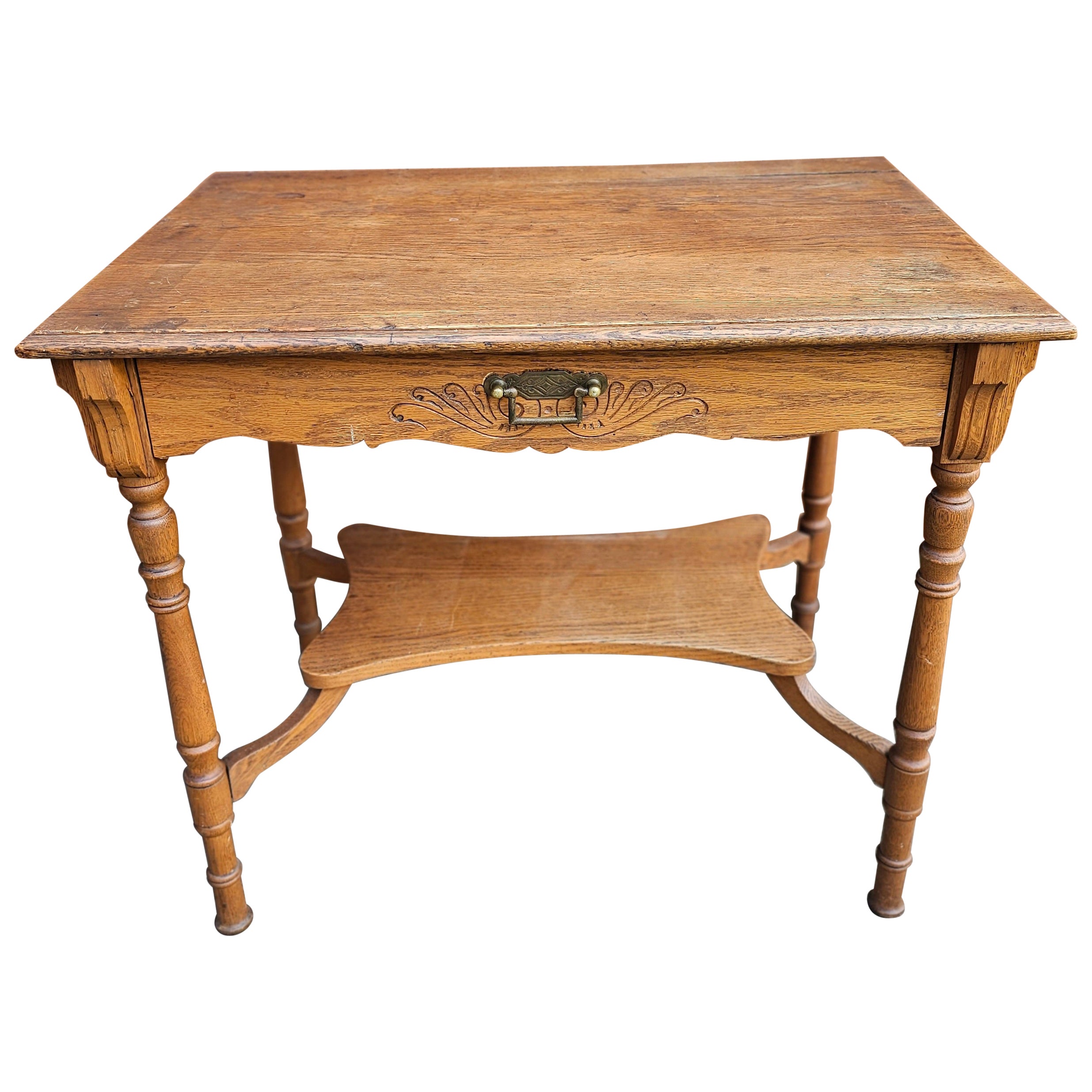 19th Century Oak Single Drawer Legs Work Table For Sale