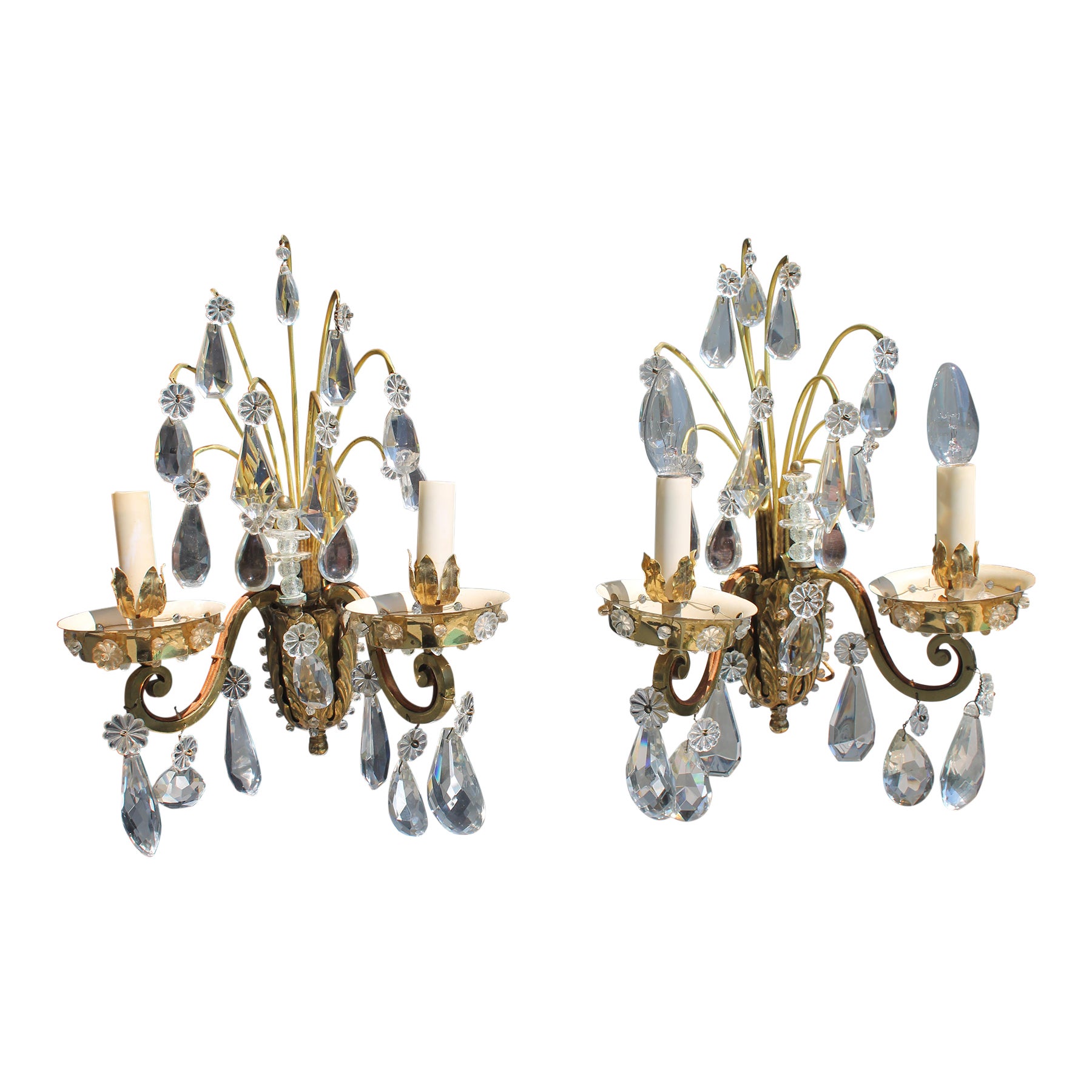1950s French Hollywood Regency Gilt Bronze w/ Crystal Wall Sconces Maison Bagues For Sale