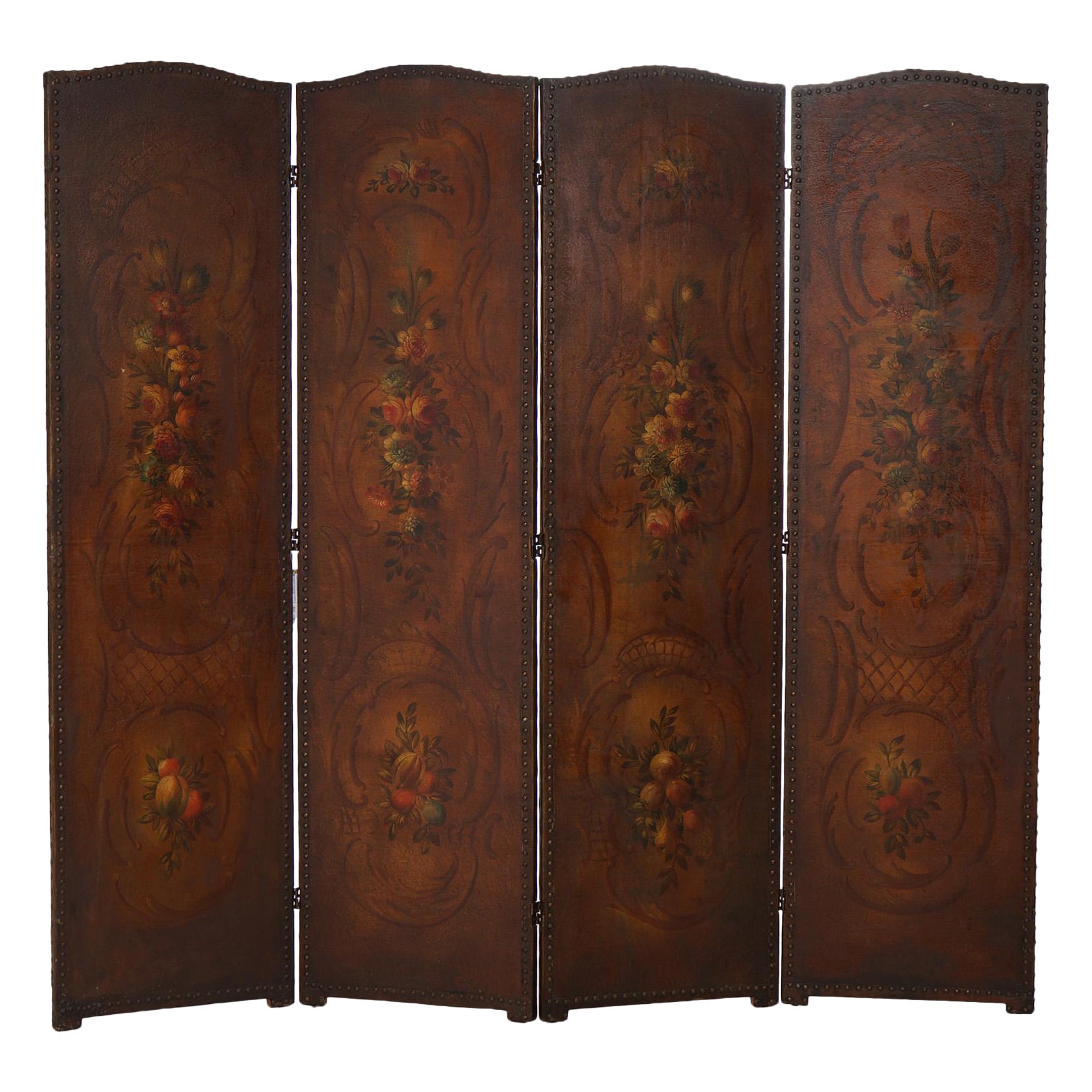 Antique Arts & Crafts Leather Folding Screen with Polychromed Floral Design