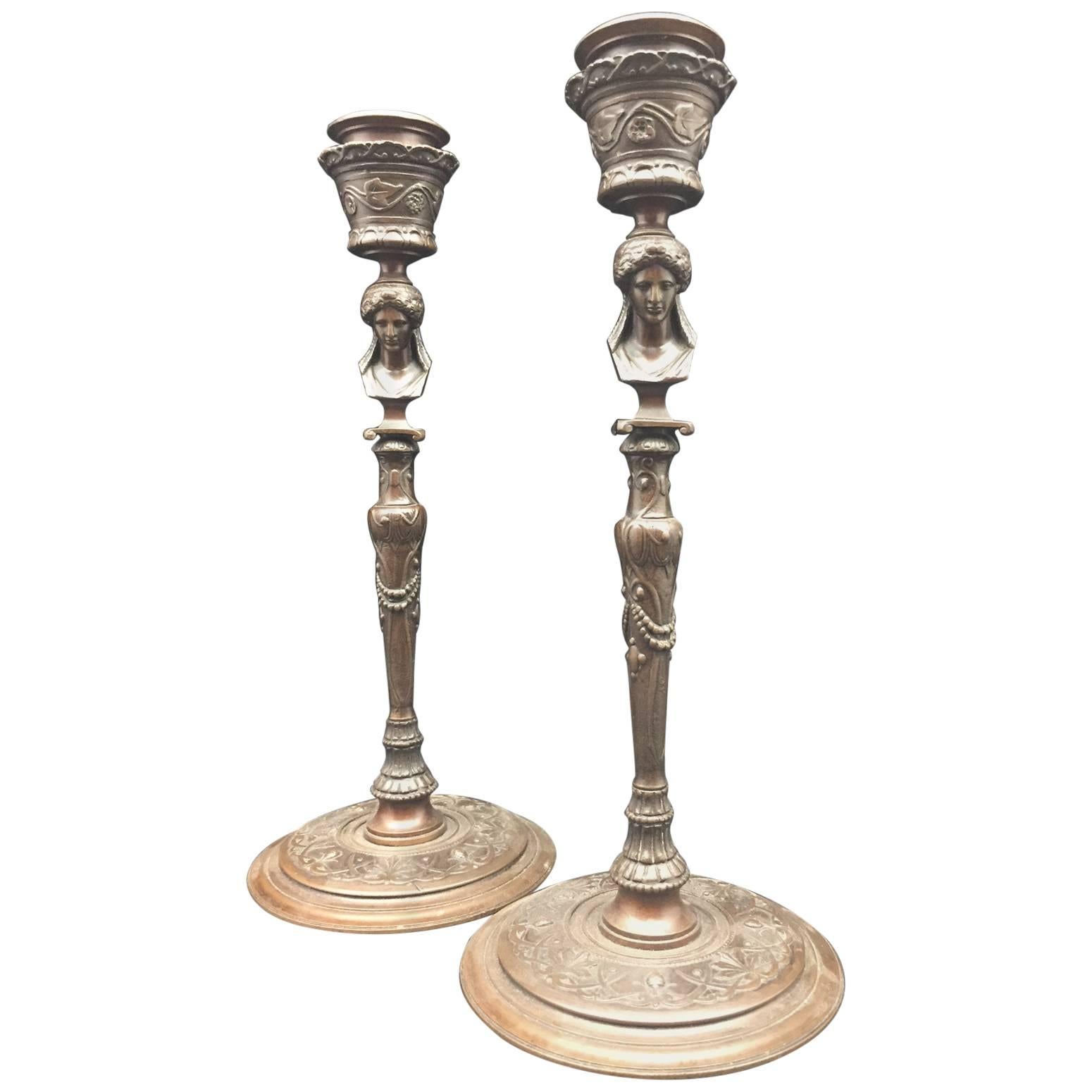 Pair of French 19th Century Bronze Barbedienne Candlesticks