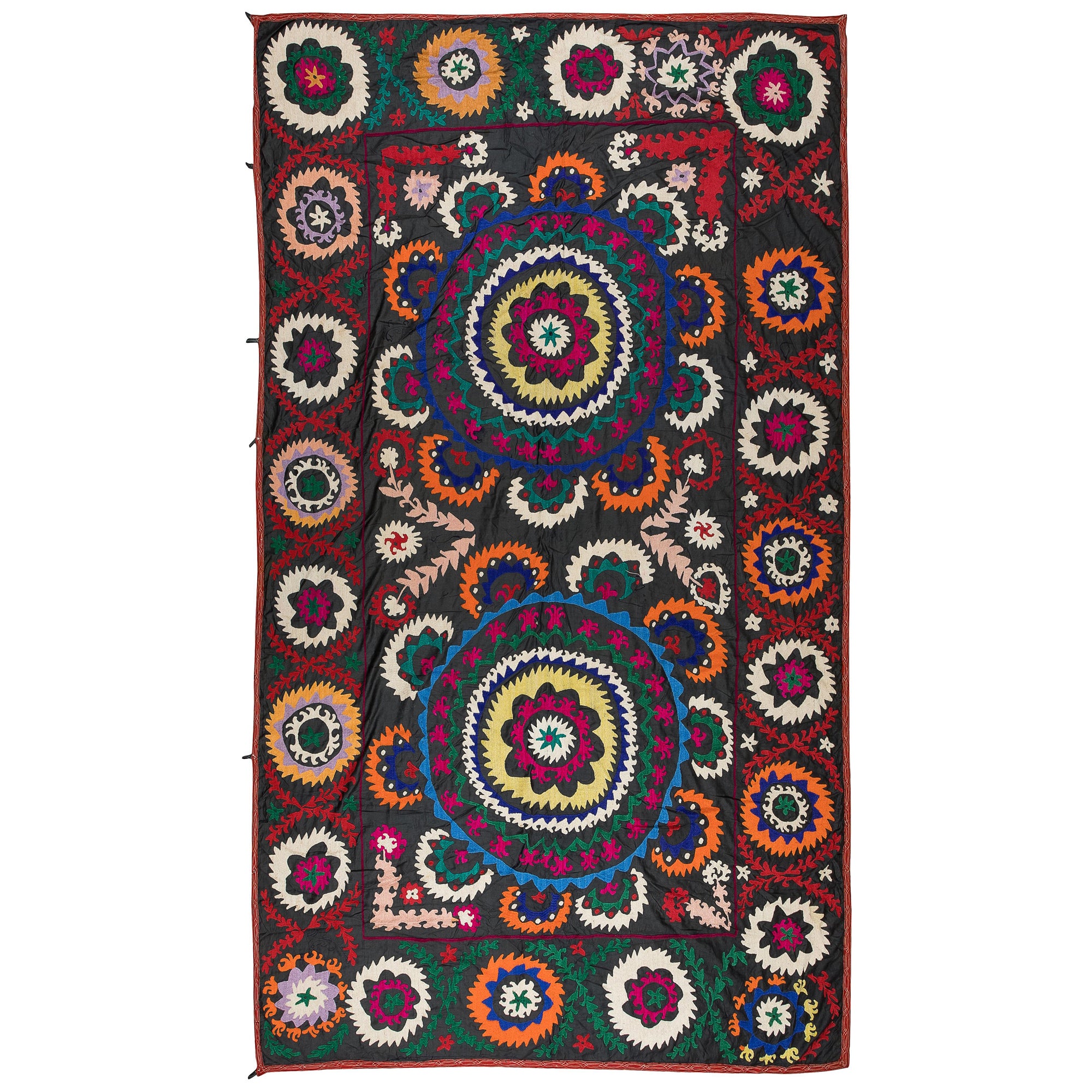 5,5x9 Ft Bettteppich mit Seidenstickerei, Usbekistan Suzani-Wandteppich, farbenfroher Überwurf, 1970er Jahre im Angebot